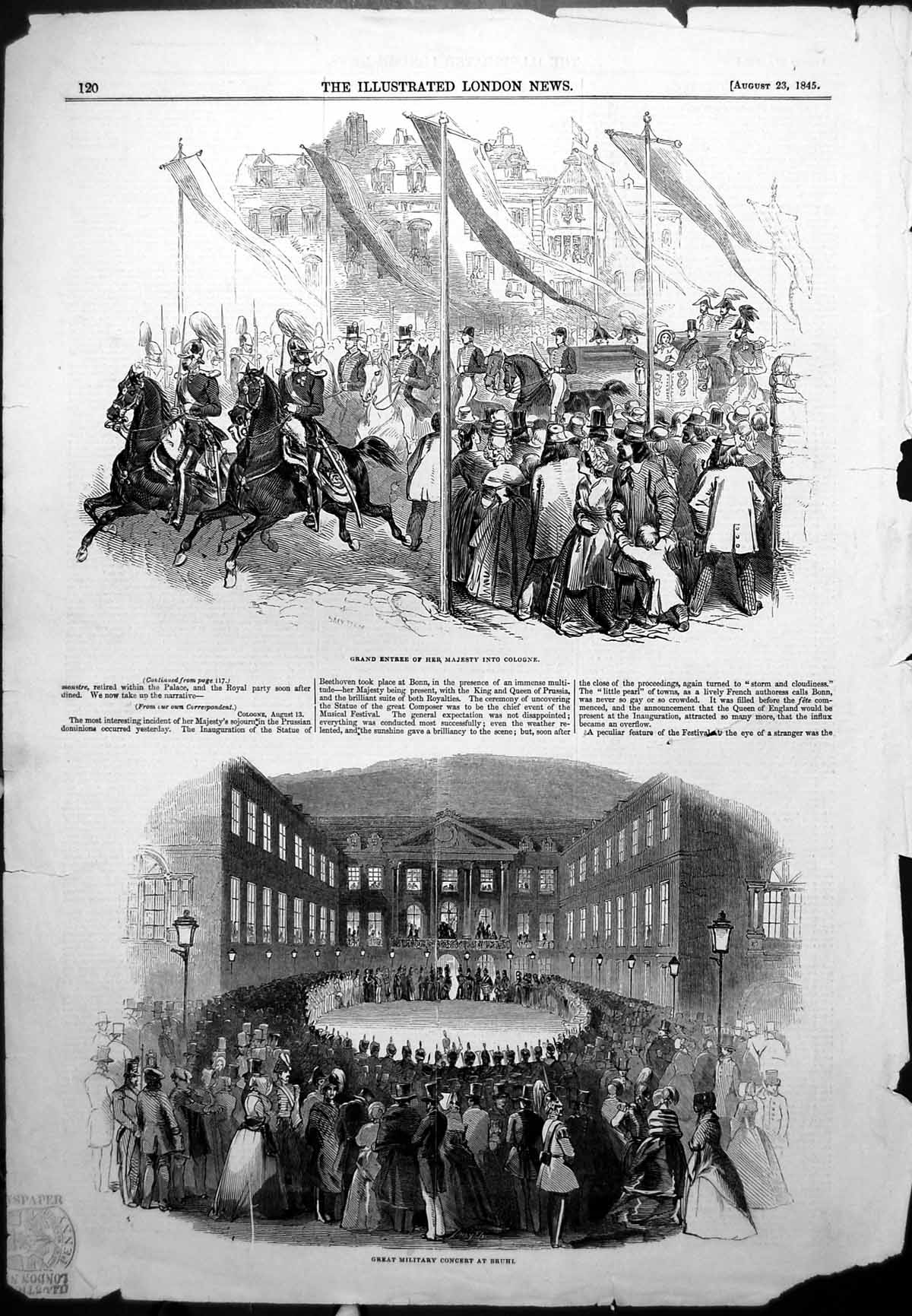 Old Antique Print Queen Grand Entree Cologne Military Concert Bruhl 1845 19th