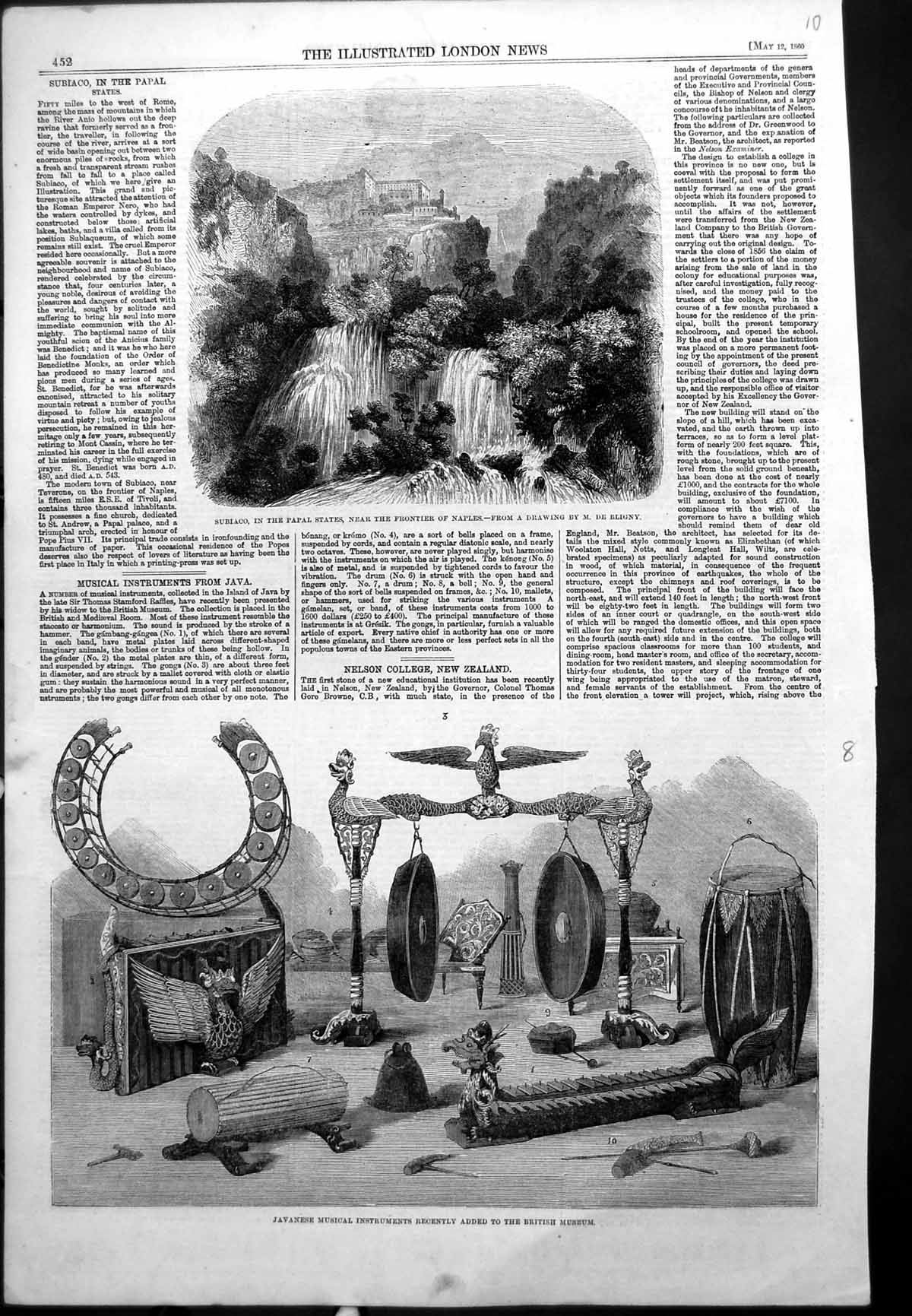 Antique Old Print Subiaco Frontier Naples Javanese Musical Instruments 1860