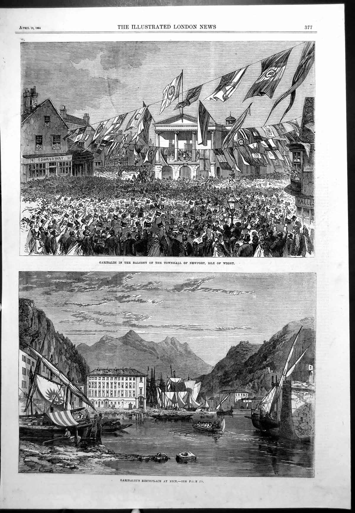 Antique Old Print Garibaldis Birthplace Nice Townhall Newport Isle Wight 1864