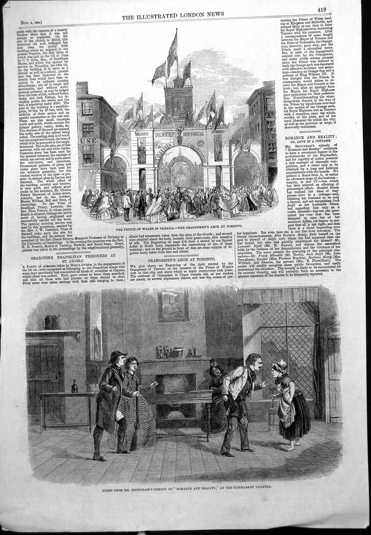 Antique Old Print Prince Wales Orangemans Arch Toronto Romance Reality 1860
