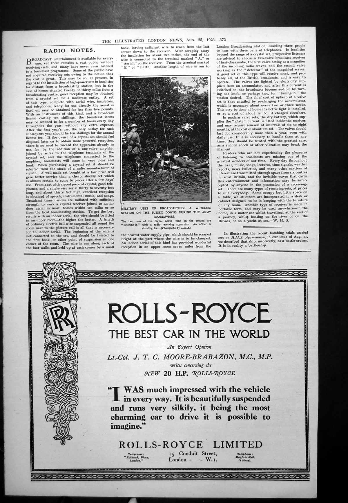 Old Vintage Print Wireless Station Sussex Downs Army Rolls-Royce Car 1923 20th