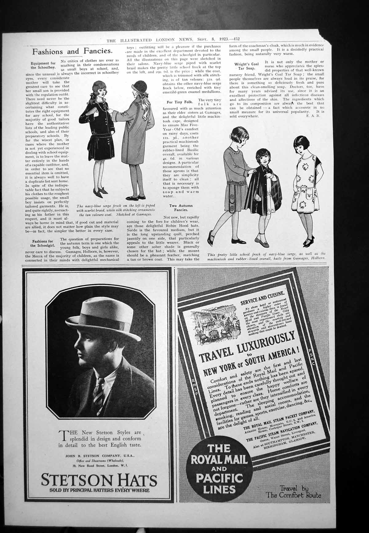 Old Print Fashions Serge Frock Gamages Travel America Pacific Lines 1923 20th
