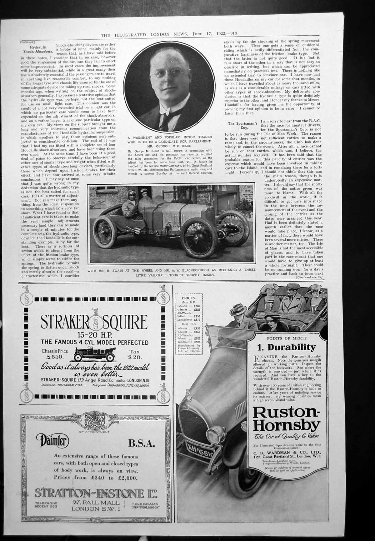 Old Vintage Print George Mitcheson Vauxhall Tourist Trophy Racer Car 1922 20th