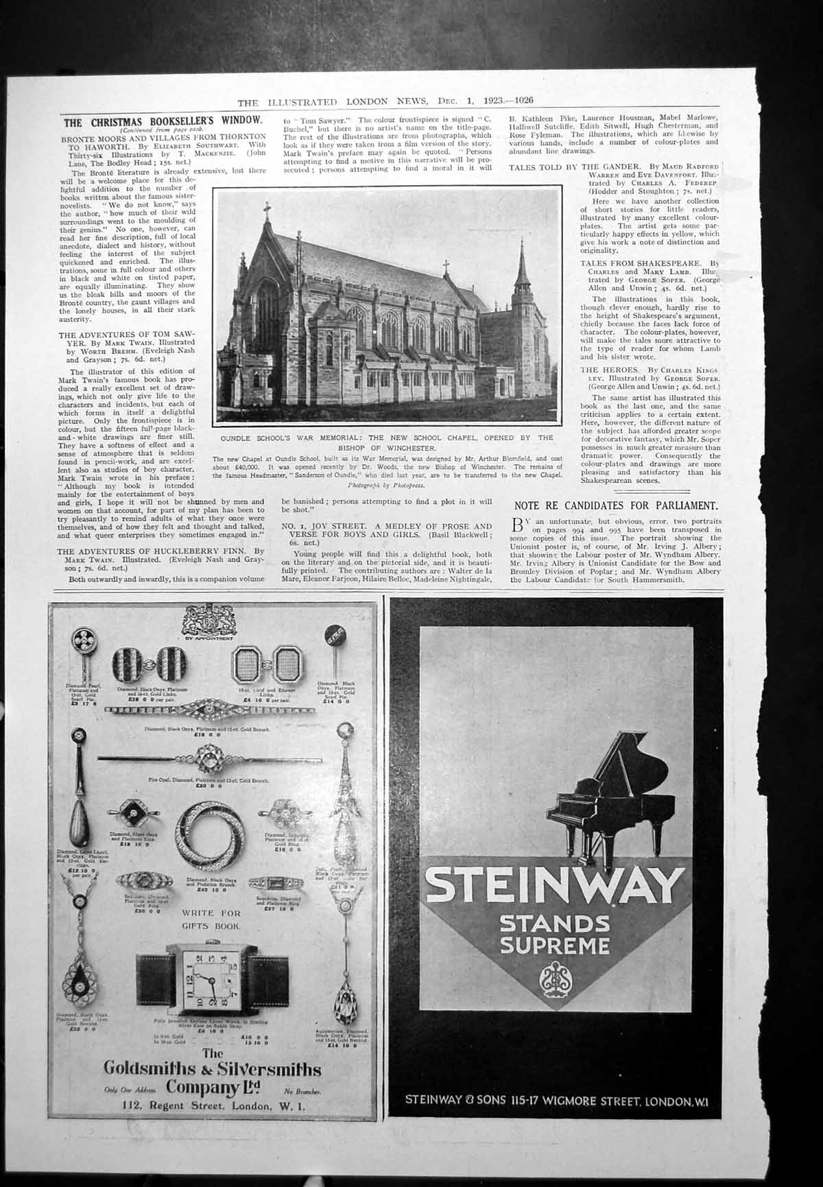 Antique Old Print School Chapel Oundle Bishop Winchester Steinway Pianos 1923
