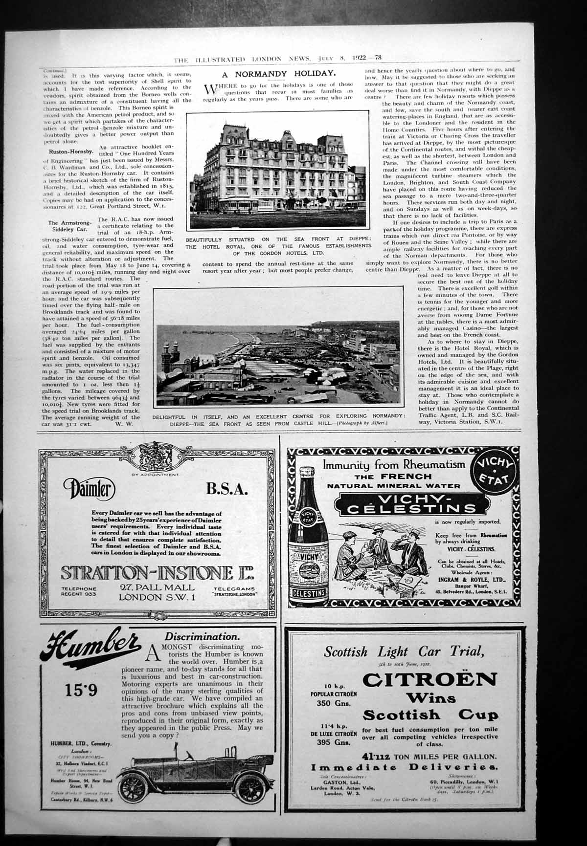Antique Old Print Hotel Royal Seafront Dieppe Citroen Car Daimler Car 1922 20th