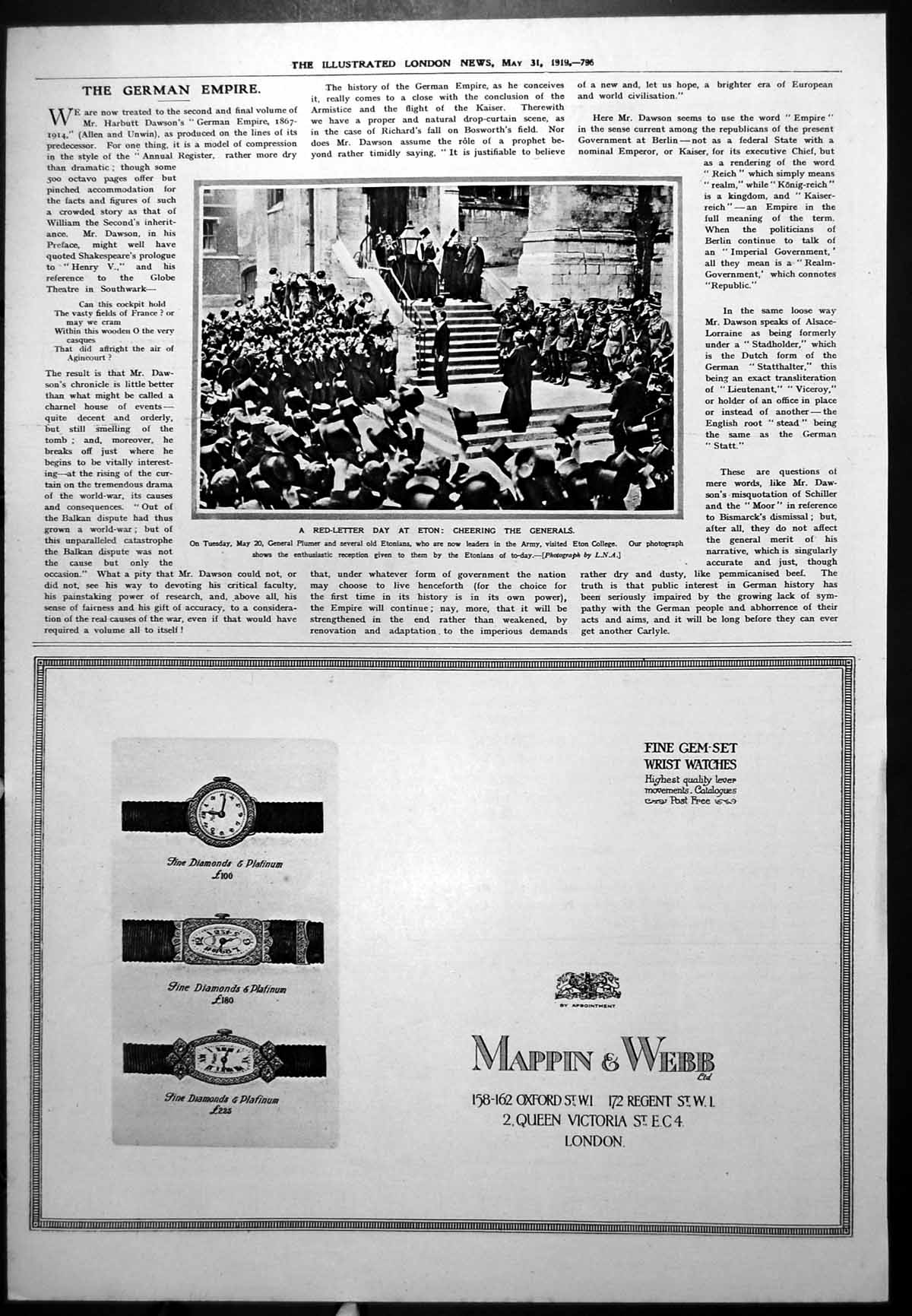 Antique Print Eton Cheering Generals Mappin Webb Gem Set Wrist Watches 1919