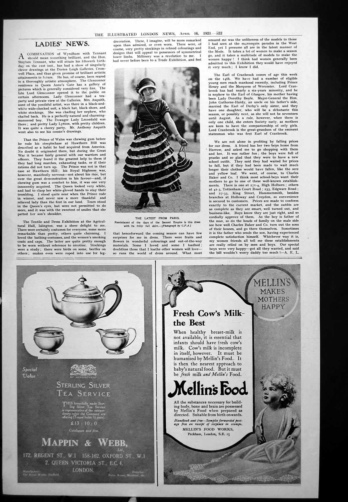 Antique Print Paris Fashion Frilly Skirt Dress Mellins Food Baby Food 1921 20th