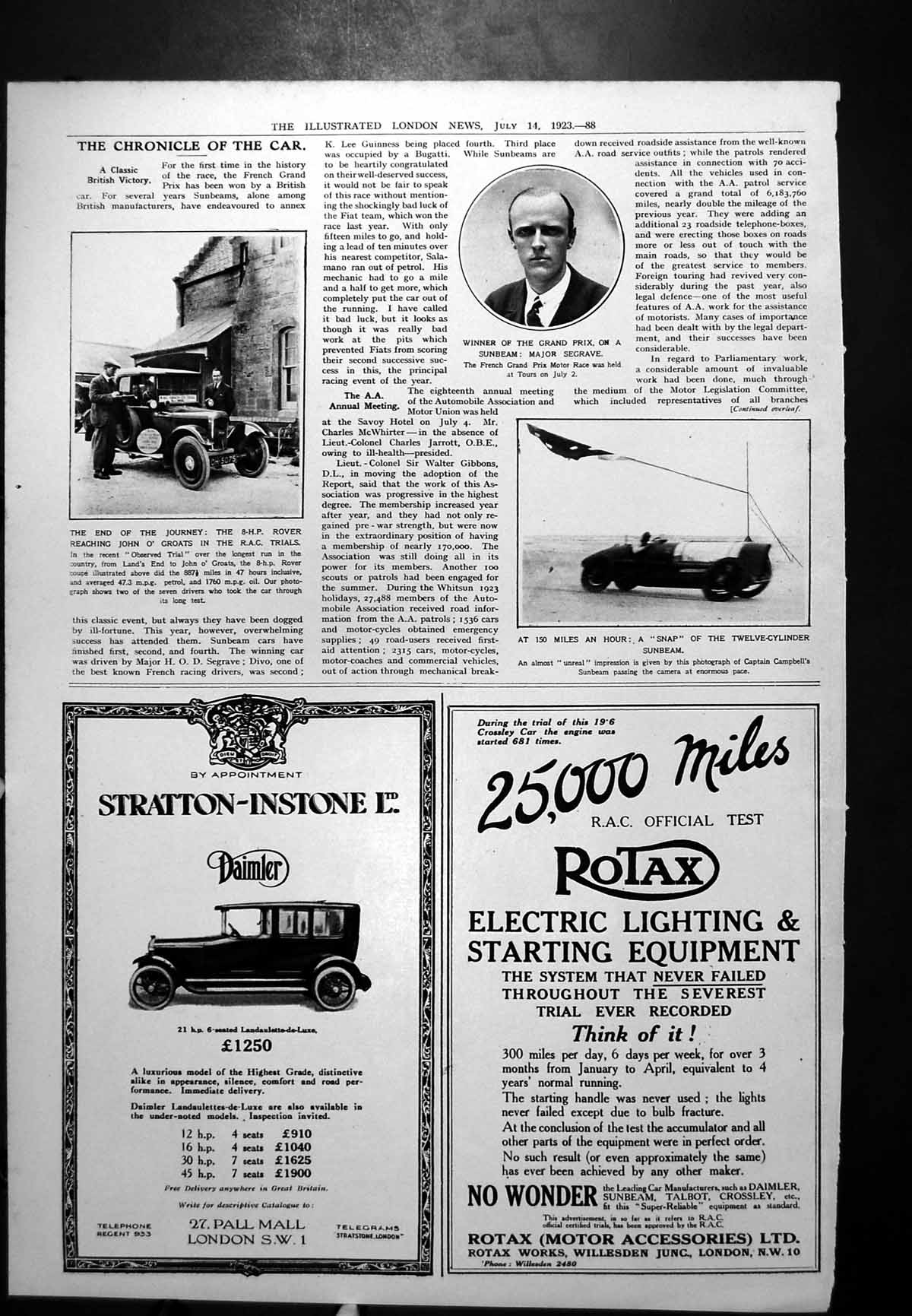 Antique Print Rover Car John O Groats Major Segrave Winner Grand Prix 1923 20th