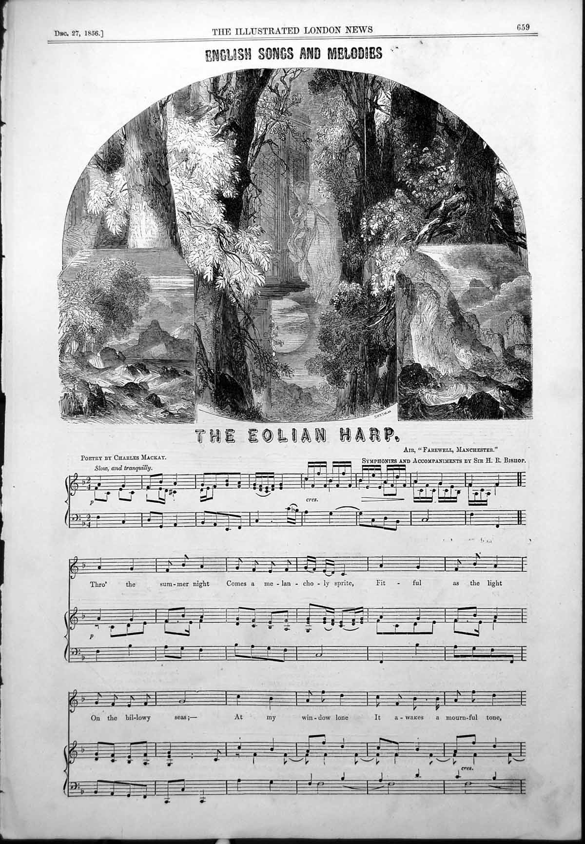 Original Old Antique Print Musical Notes Eolian Harp Farewell Manchester 1856
