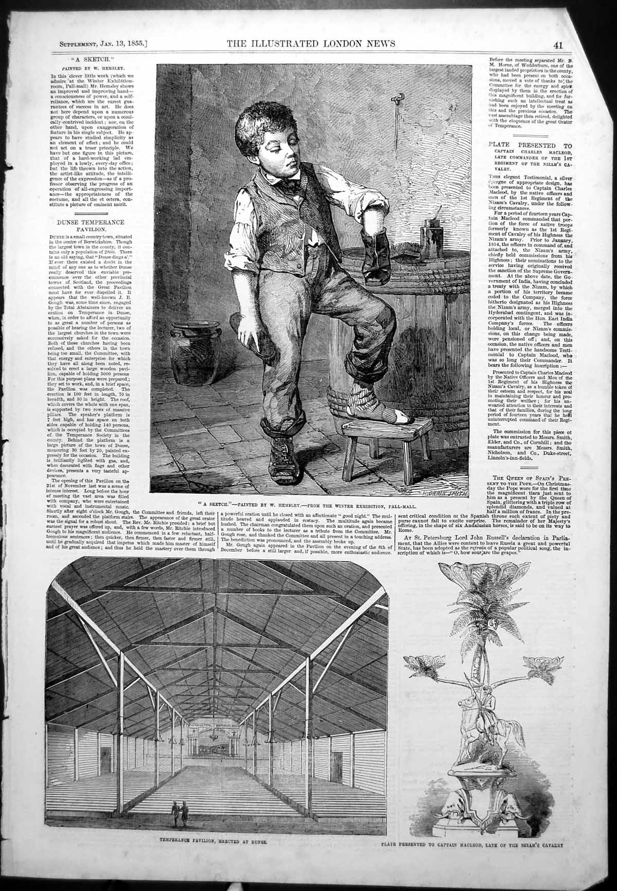 Antique Print Boy Polishing Boots W Hemsley Temperance Pavilion Dunse 1855 19th