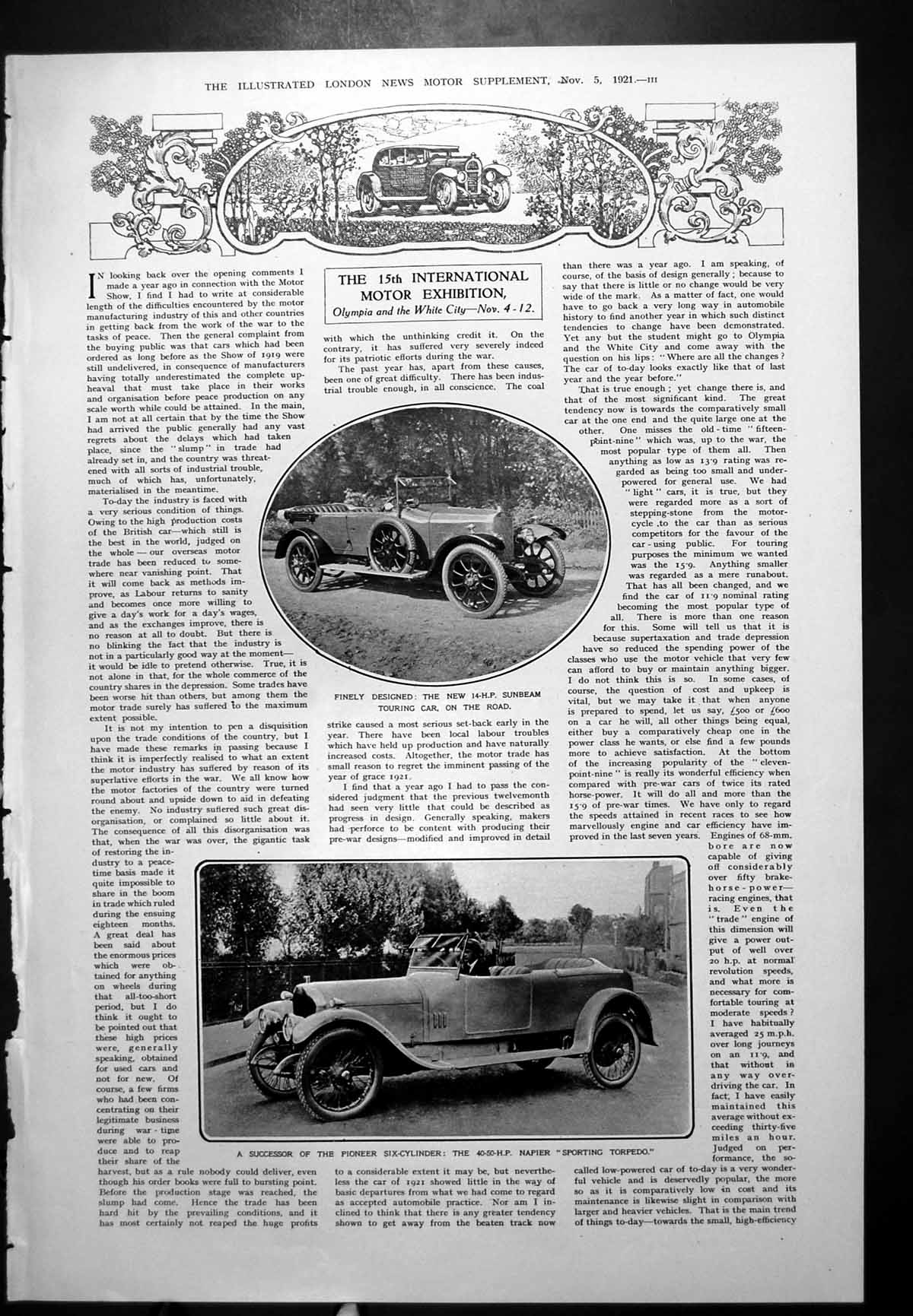 Antique Print International Motor Exhibition Sunbeam Car Napier Sport 1921 20th