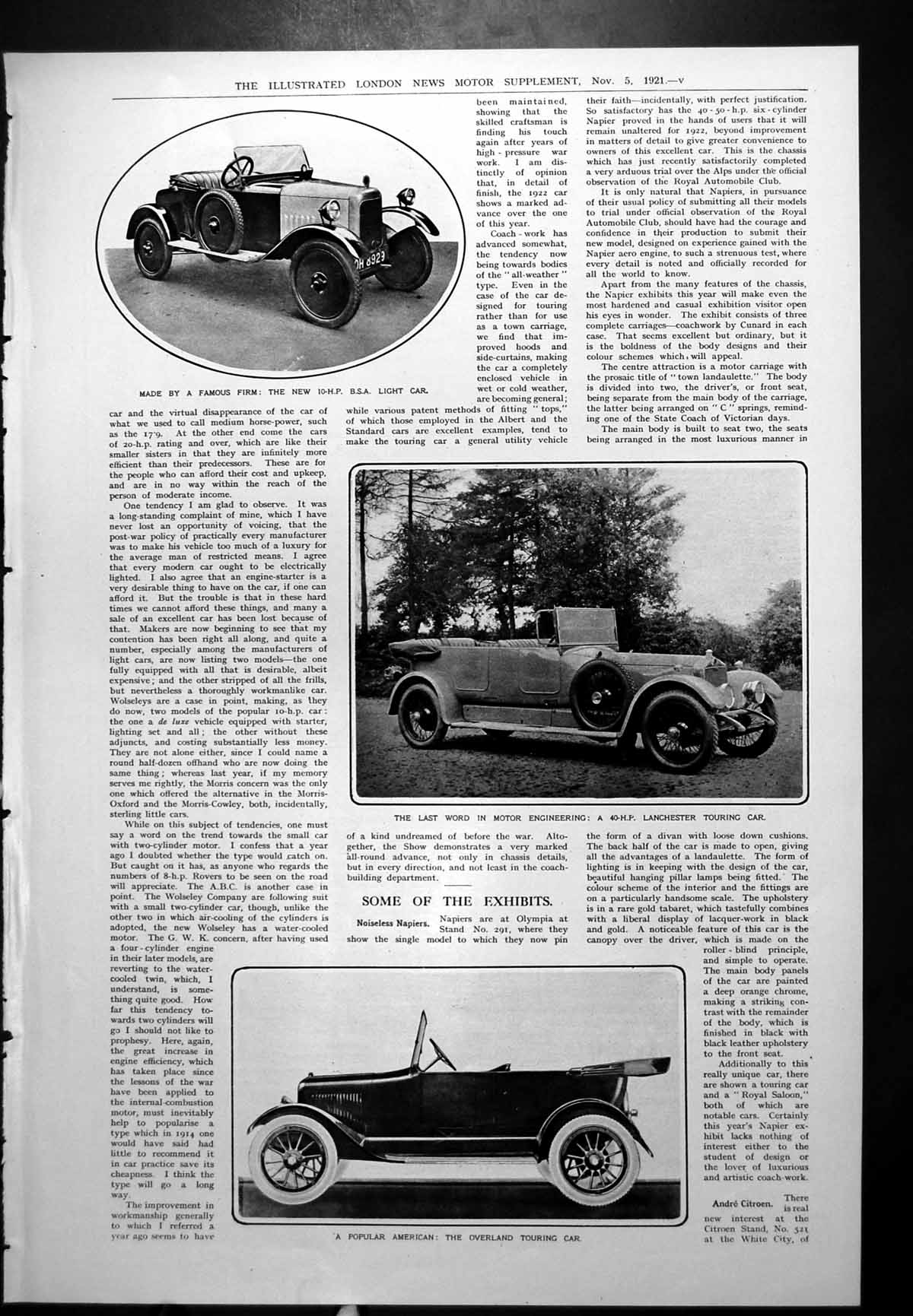 Antique Old Print Bsa Light Car Lanchester Touring Car Overland Tourer 1921