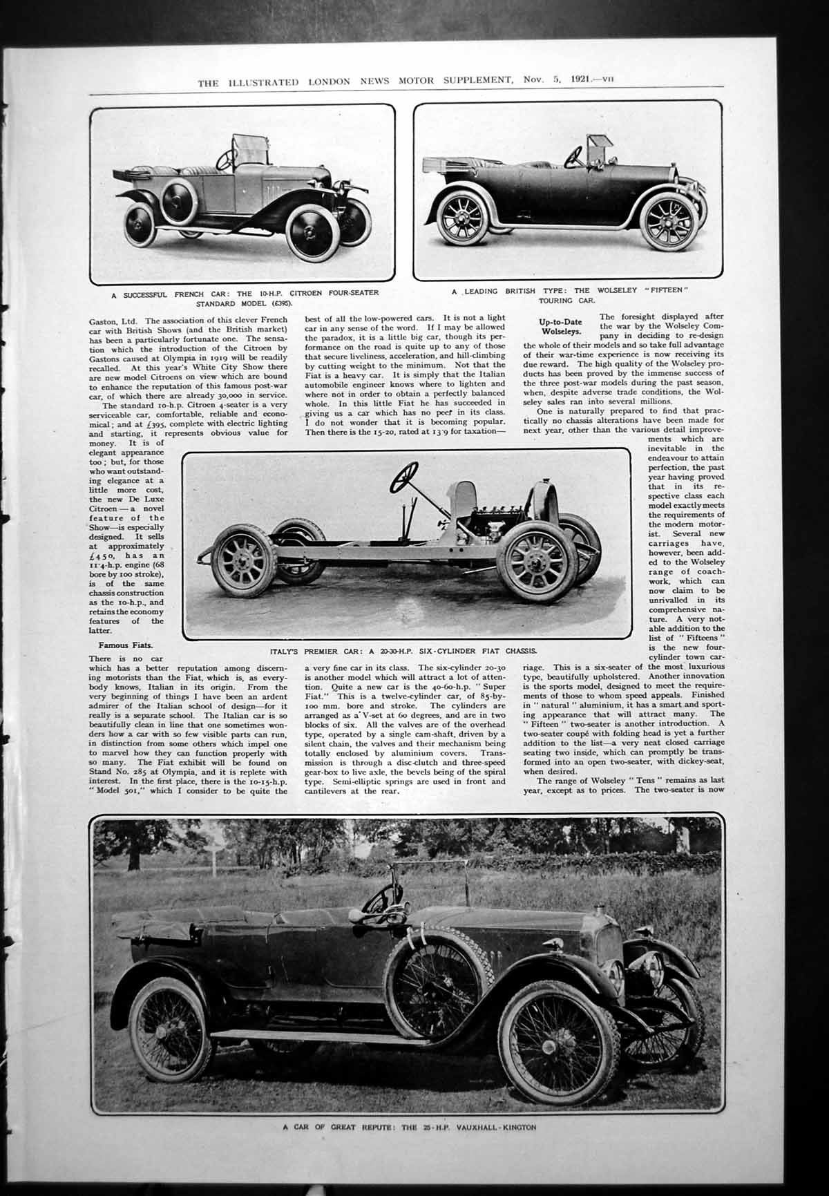 Old Print Vauxhall Kington Car Fiat Chassis Citroen Wolseley Touring 1921 20th