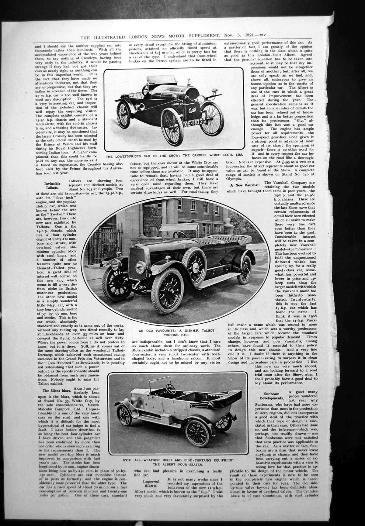 Old Vintage Print Talbot Touring Car AlbertSeater Carden Cheapest 1921