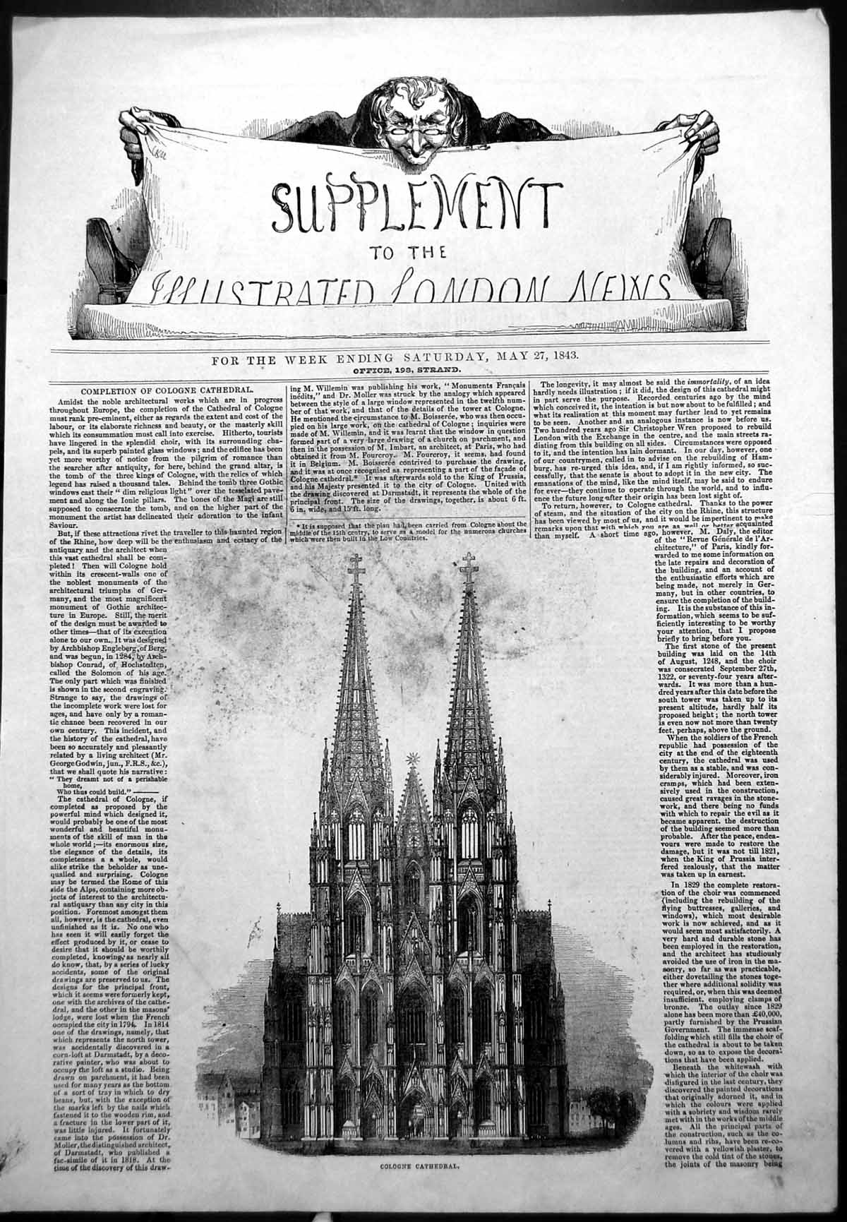 Original Old Antique Print Completion Cologne Cathedral Exterior 1843 Victorian