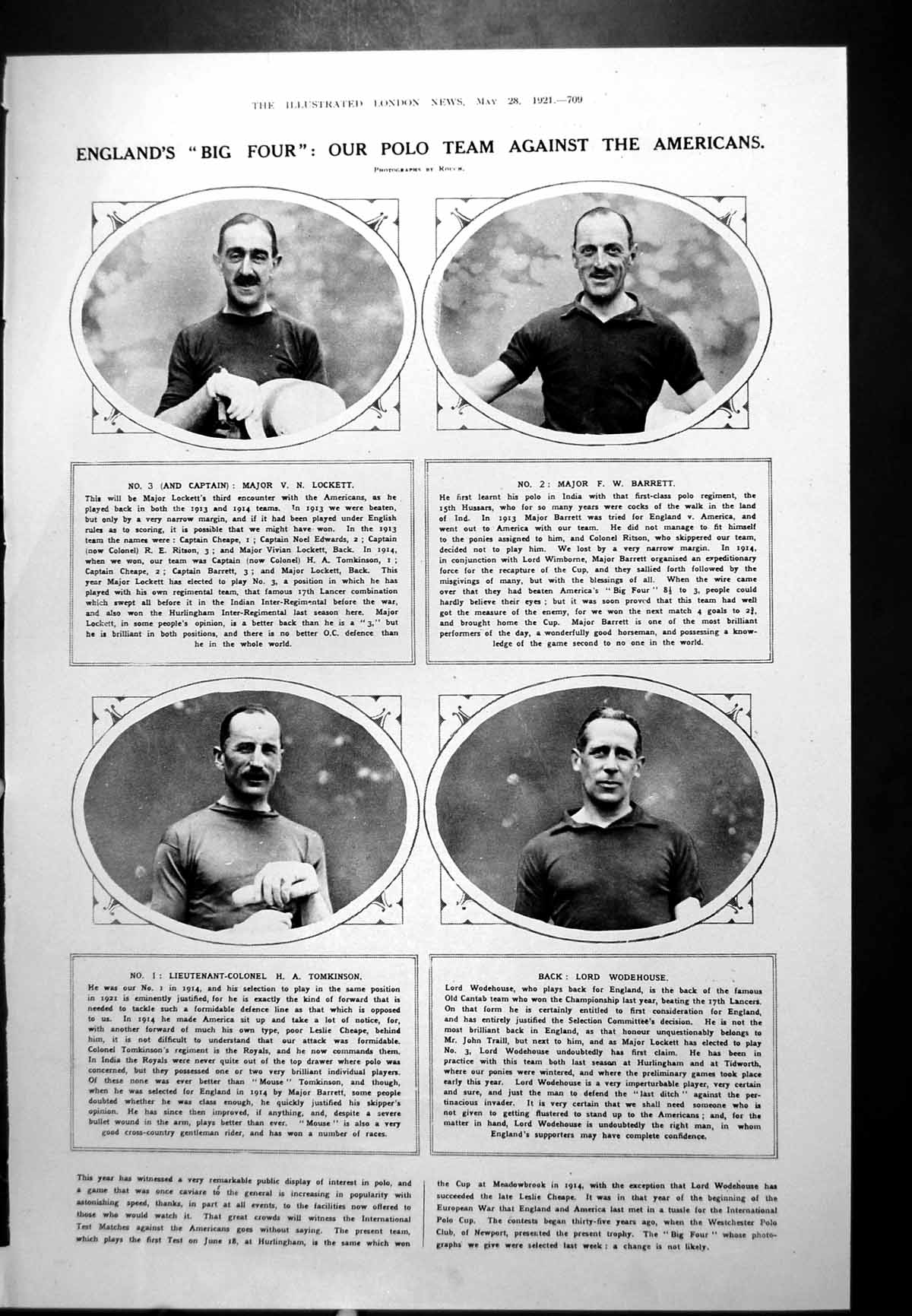 Antique Old Print Englands Polo Team Against Americans Lockett Barrett 1921
