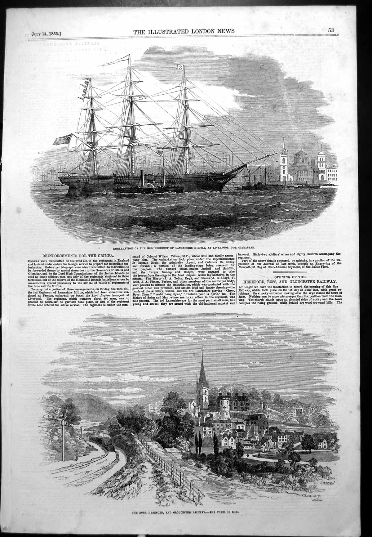 Antique Old Print Ross Gloucester Railway Embarkation Lancashire Militia 1855