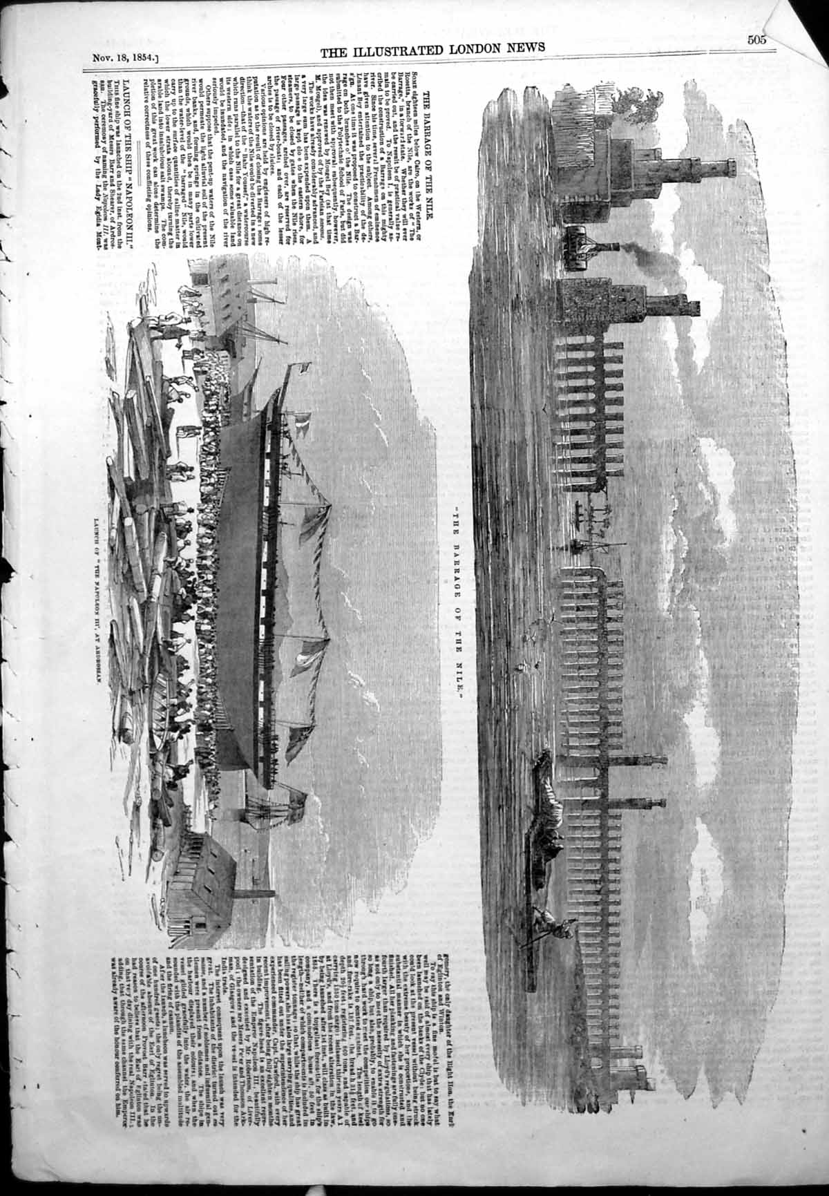 Original Old Antique Print Barrage Nile Launch Napoleon 111 Ardrossan 1854