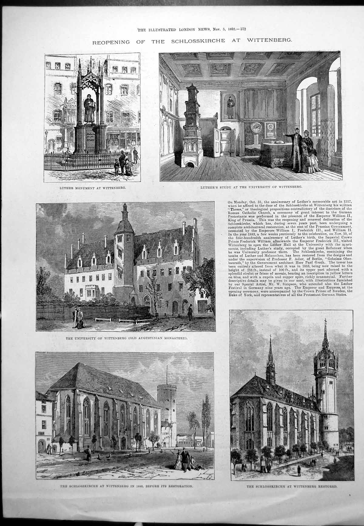 Antique Old Print Reopening Schlosskirche Wittenberg Lord Mayor London 1892