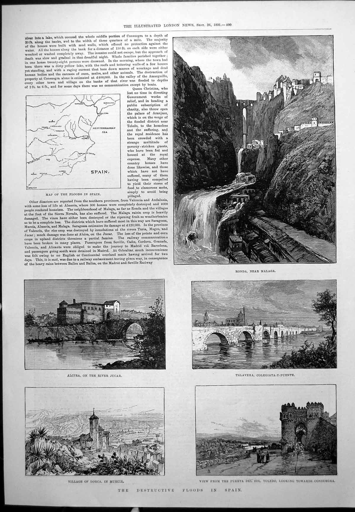 Old Antique Print Floods Spain Map Alcira Malaga Sir James Fergusson 1891 19th