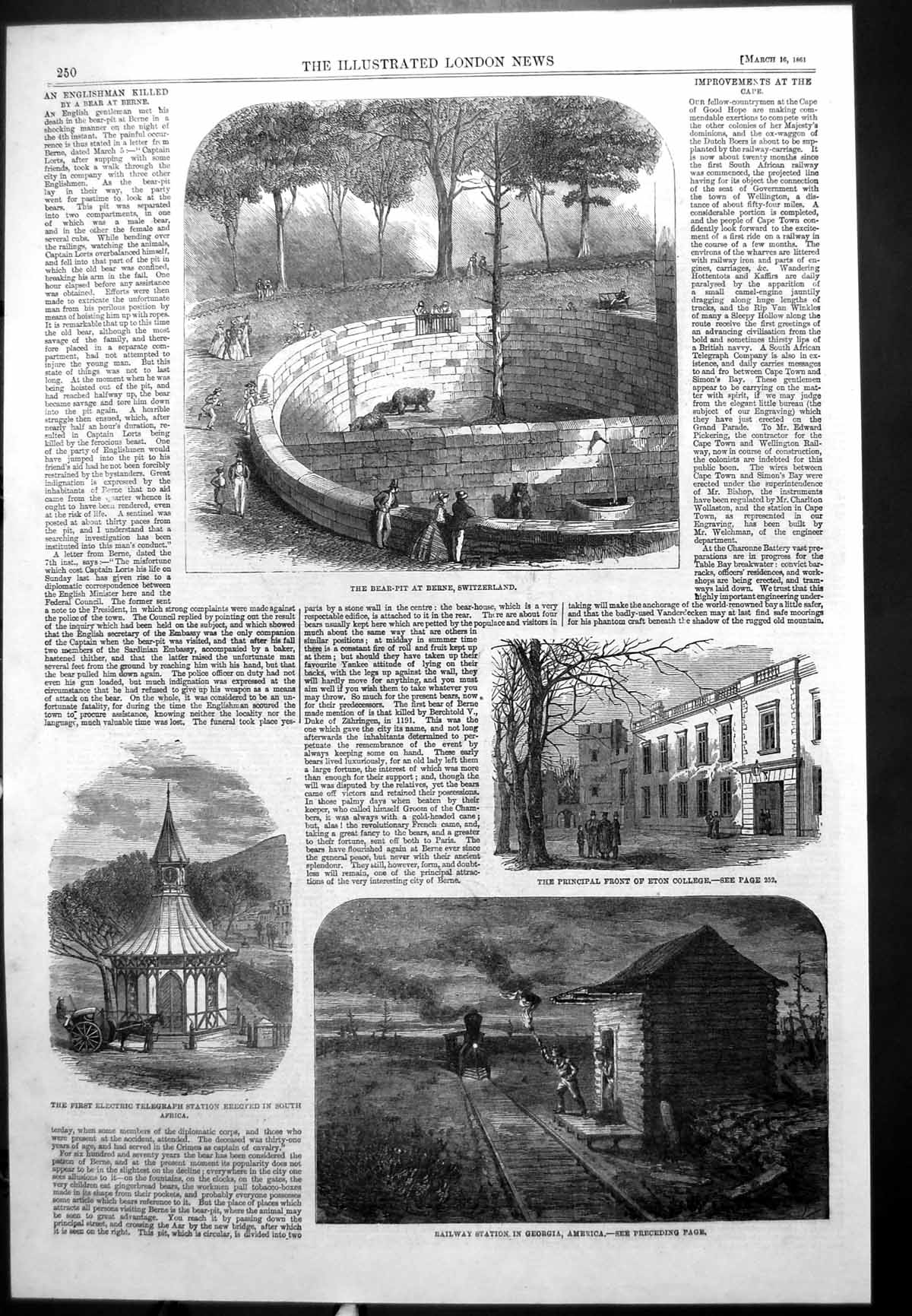 Antique Old Print Plate Herdman Bey Eton College Bear Pit Berne Georgia 1861
