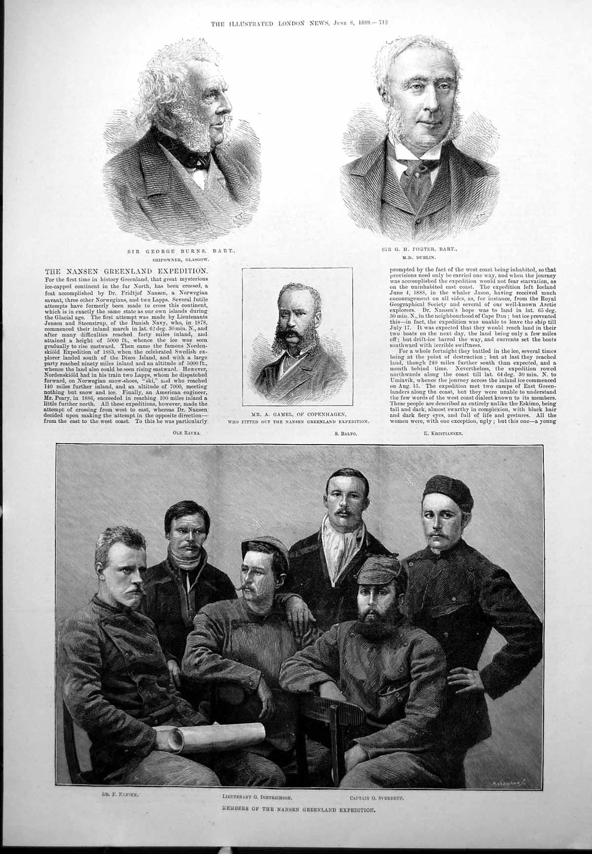 Old Antique Print Nansen Greenland Expedition Commander Percy Hockin 1889 19th