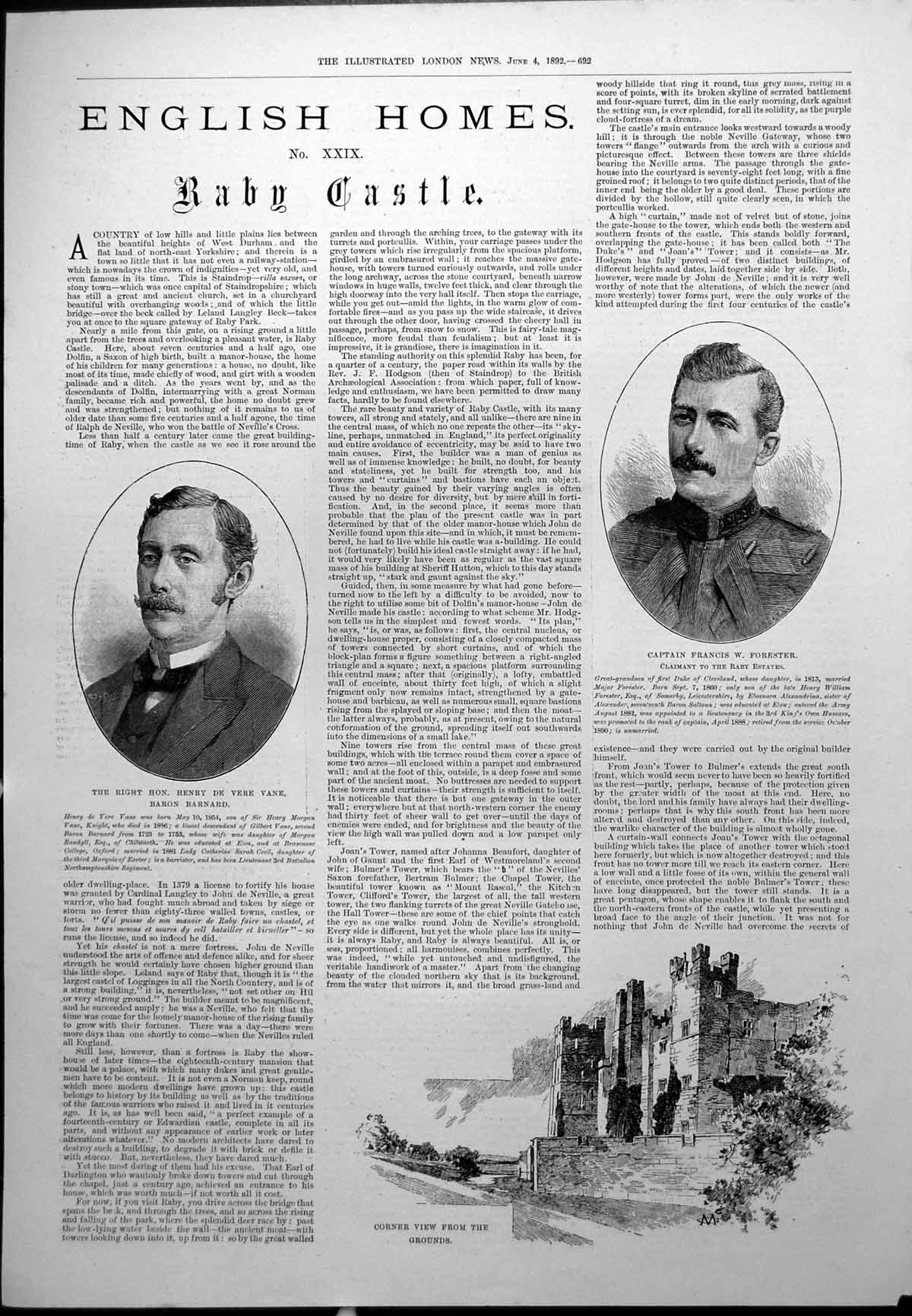 Antique Old Print Raby Castle Capt Francis Forester Algernon Swinburne 1892