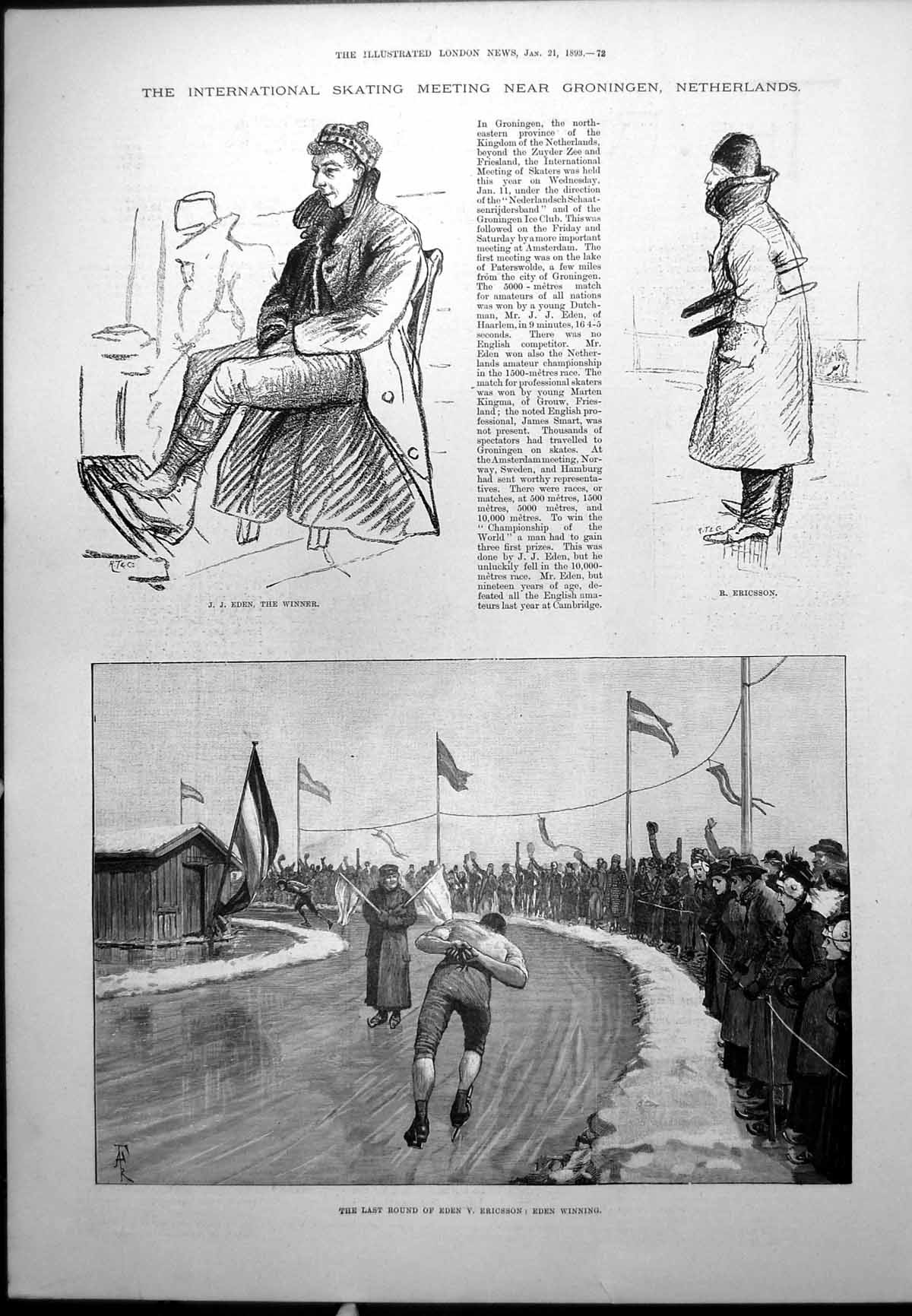 Antique Old Print Skating Netherlands Eden V Ericsson Mrs Frances Kemble 1893