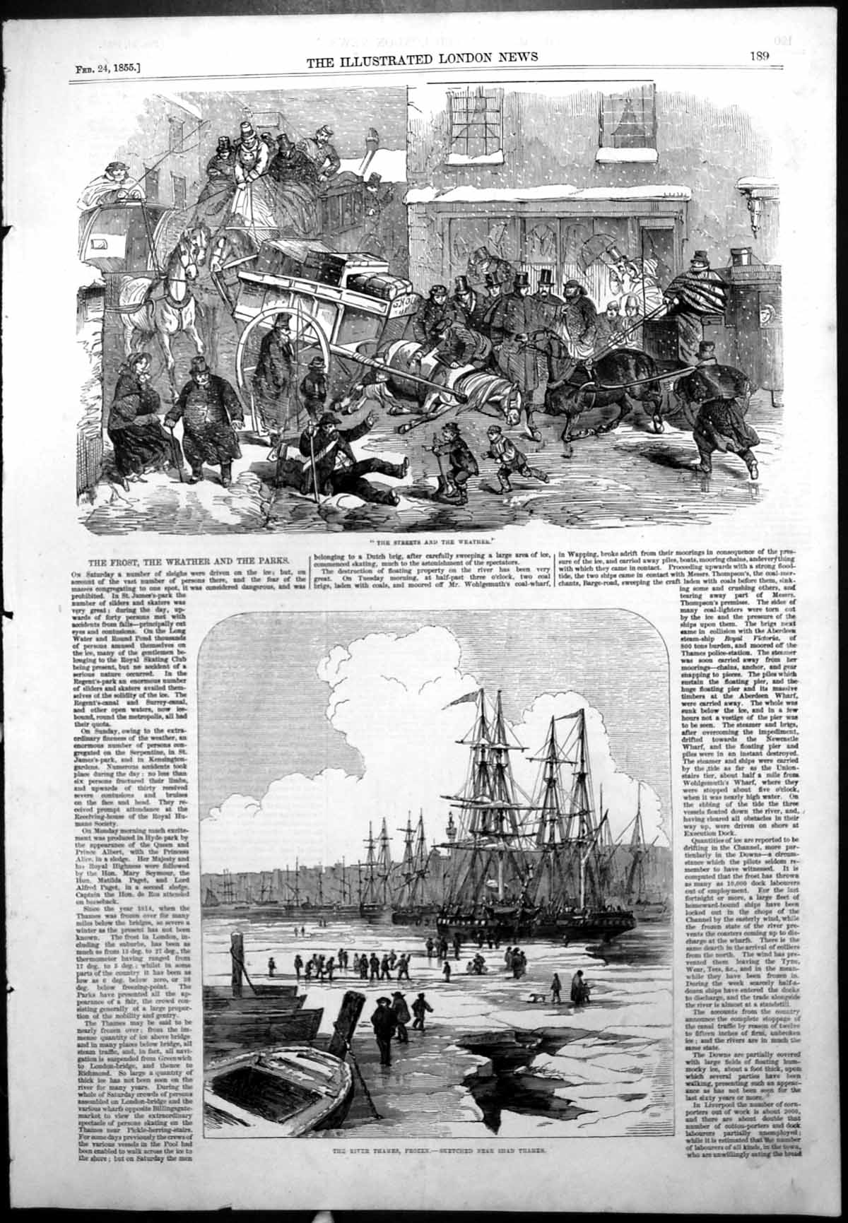 Antique Old Print Frost Streets River Thames Frozen Skating Hyde Park 1855 19th