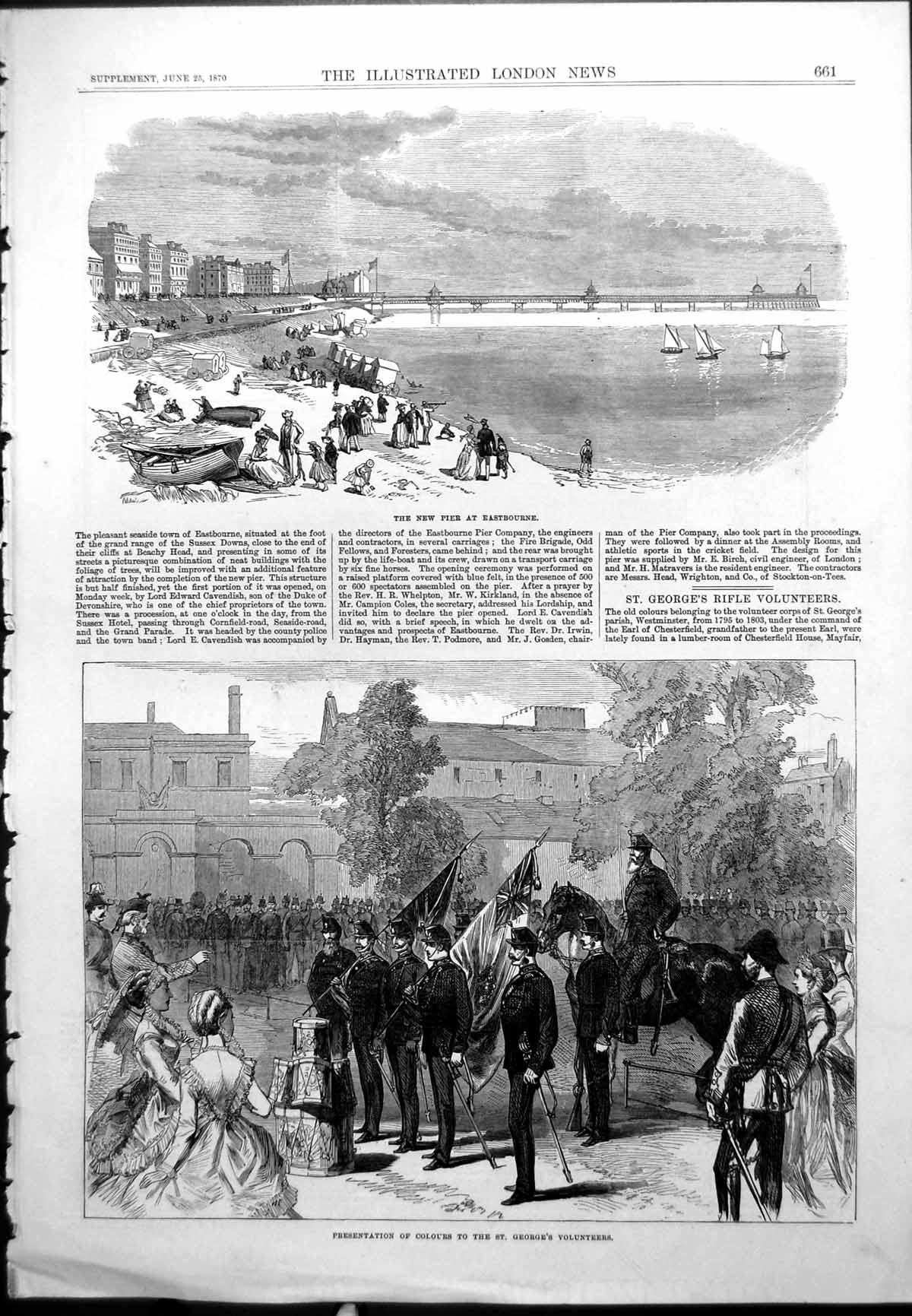 Antique Print Pier Eastbourne Presentation Colours St George Volunteers1870