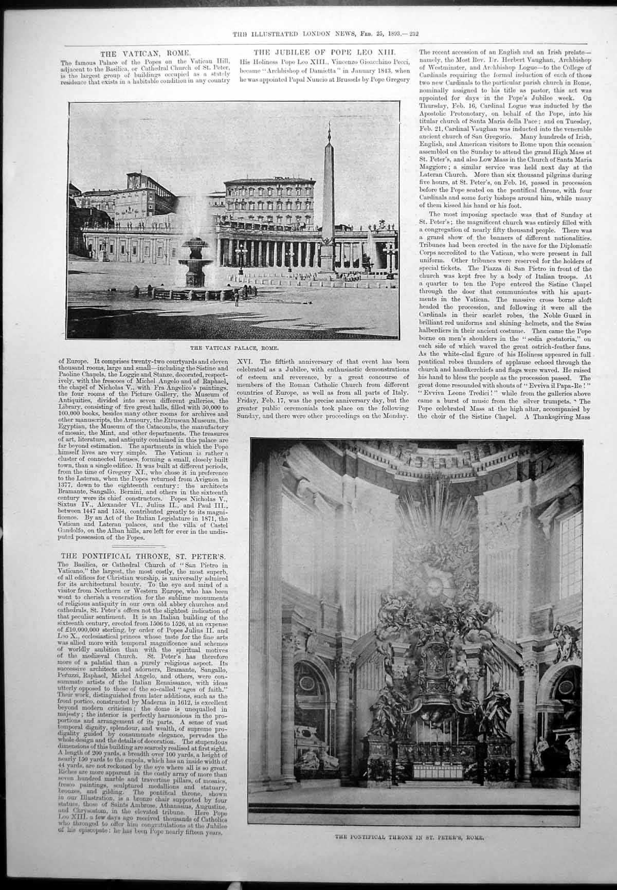 Antique Old Print Vatican Palace Pontifical Throne Rome Earthquake Zante 1893