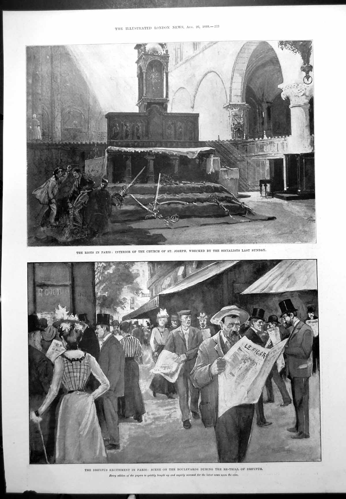 Old Print Riots Paris Dreyfus Trial Rennes Church St Joseph Wrecked 1899 19th