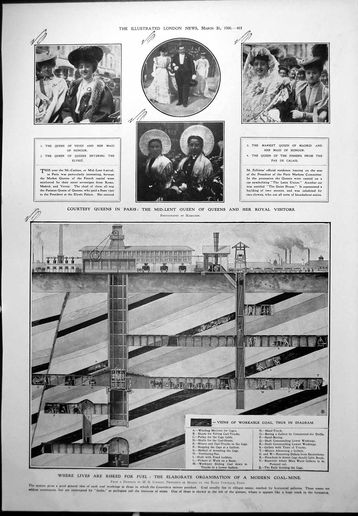 Antique Old Print Queens Paris Diagram Coal Mine Sculpture Gov Office 1906 20th