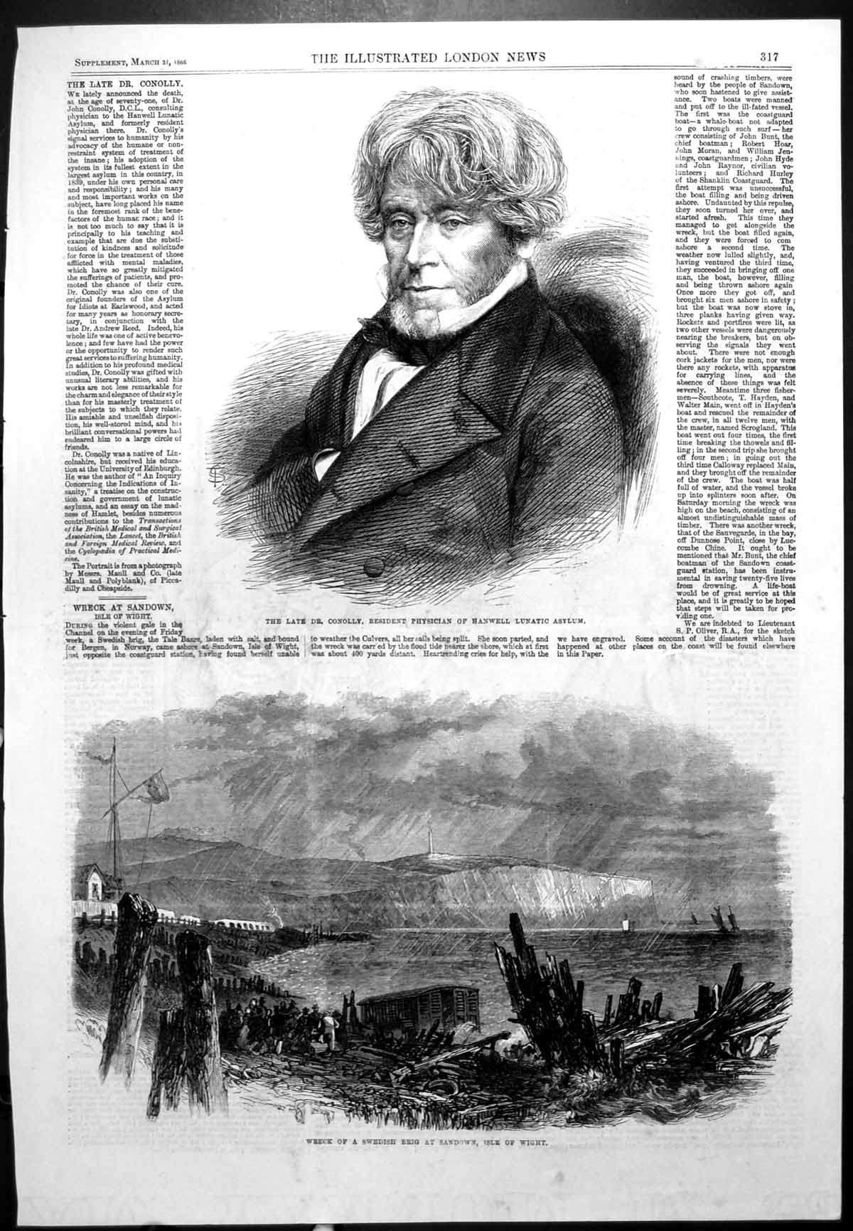 Antique Print Dr Conolly Asylum Wreck Sandown Isle Wight Map Santobin 1866 19th