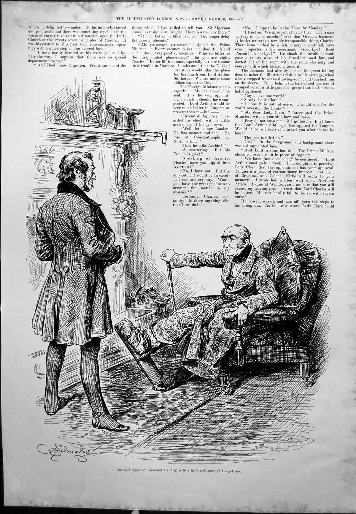 Antique Old Print Cavendish Square Asked Chief Prime Minister Lady Clara 1892