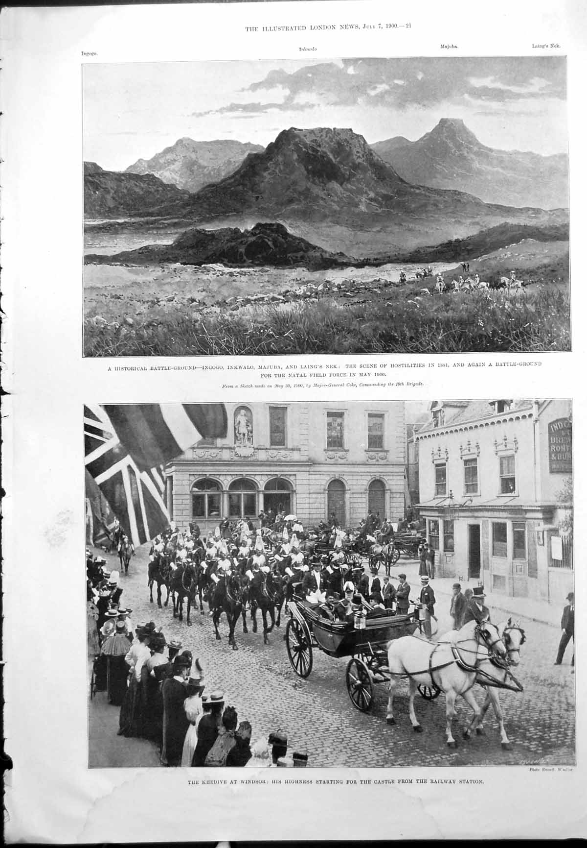 Antique Old Print Khedive Windsor Art Gallery Bath Ingogo Inkwalo Majuba 1900