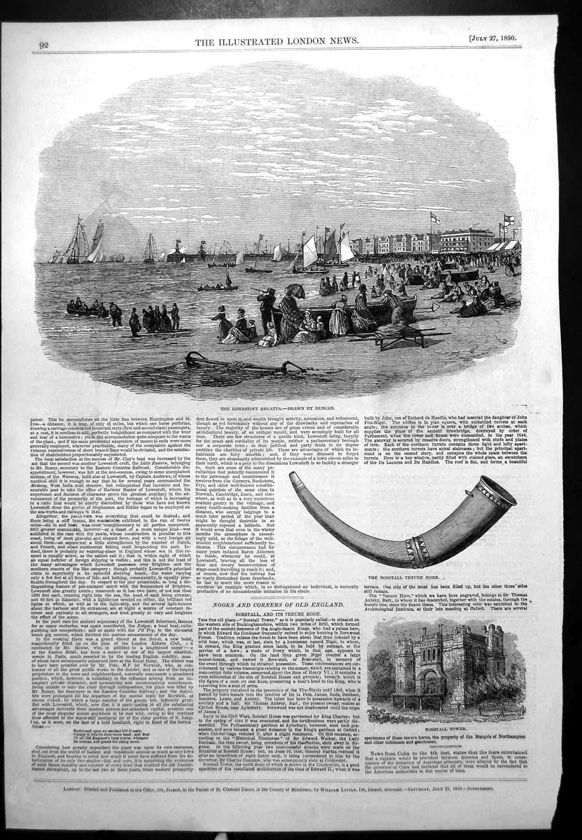 Antique Print Lowestoft Regatta Borstall Hall Tenure Horn Opera Dress 1850 19th