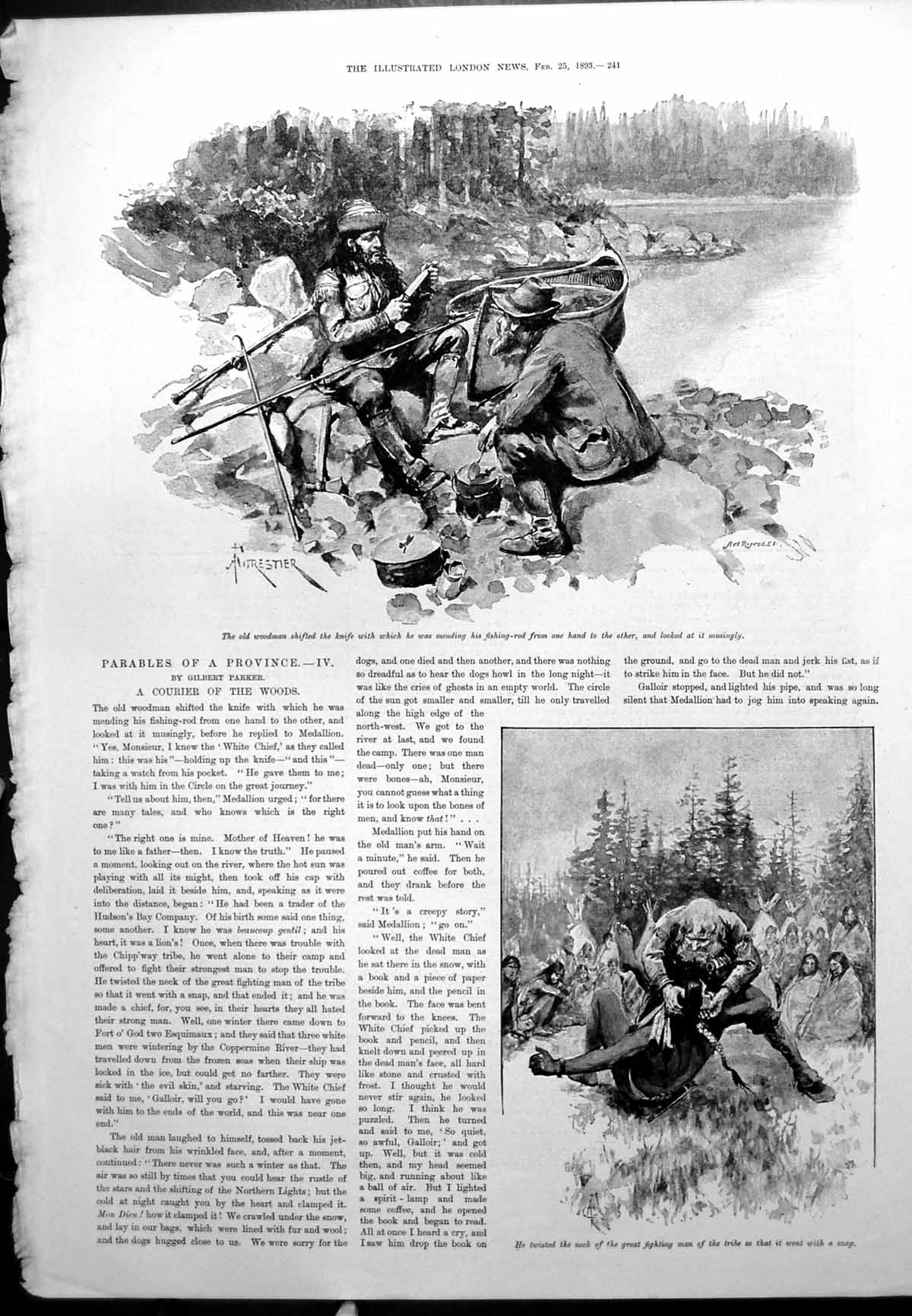 Antique Old Print Parables Province Woodman Knife Polar Bear Snow Shoes 1893