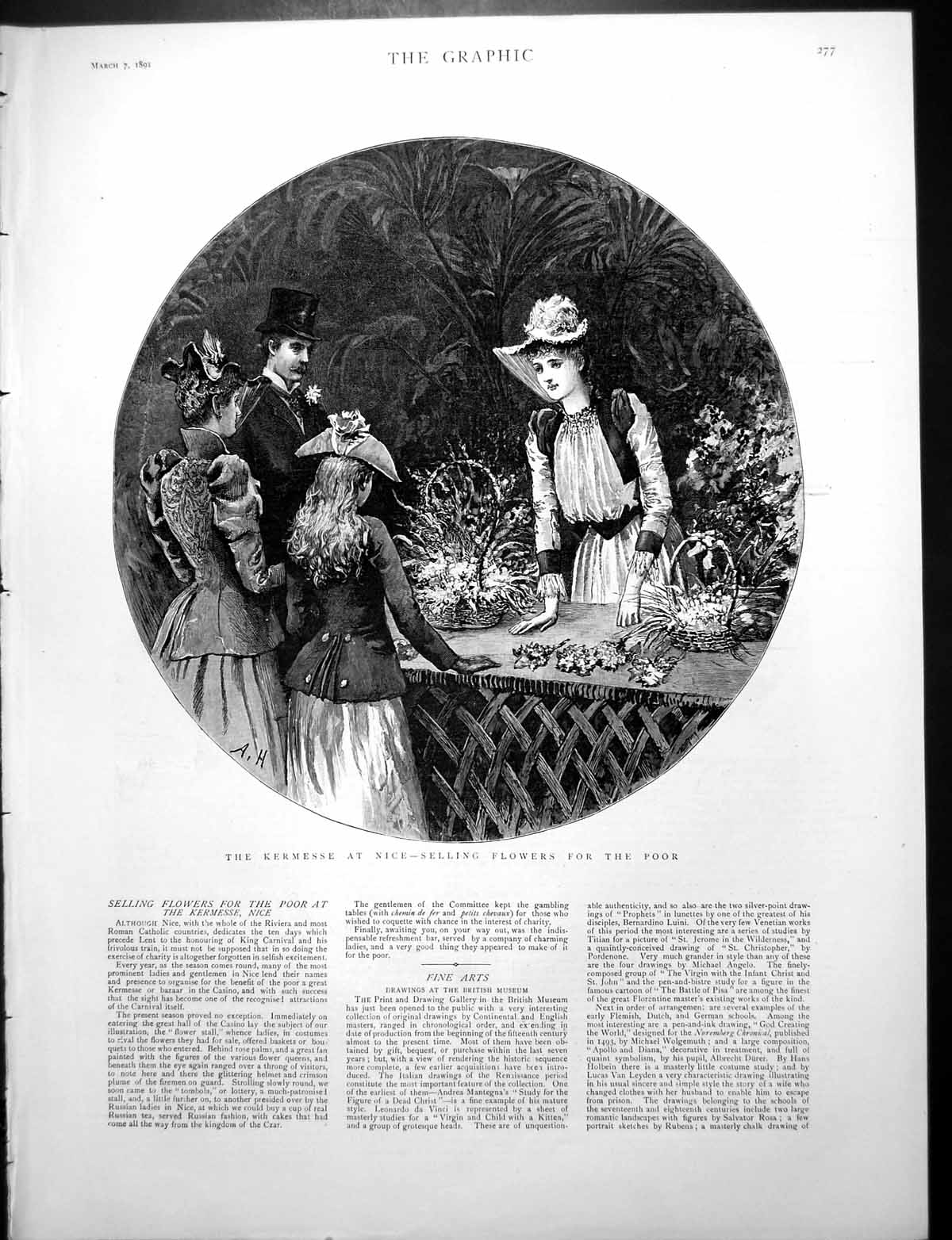 Antique Print Selling Flowers Poor Kermesse Nice France Lady Bouquets 1891 19th