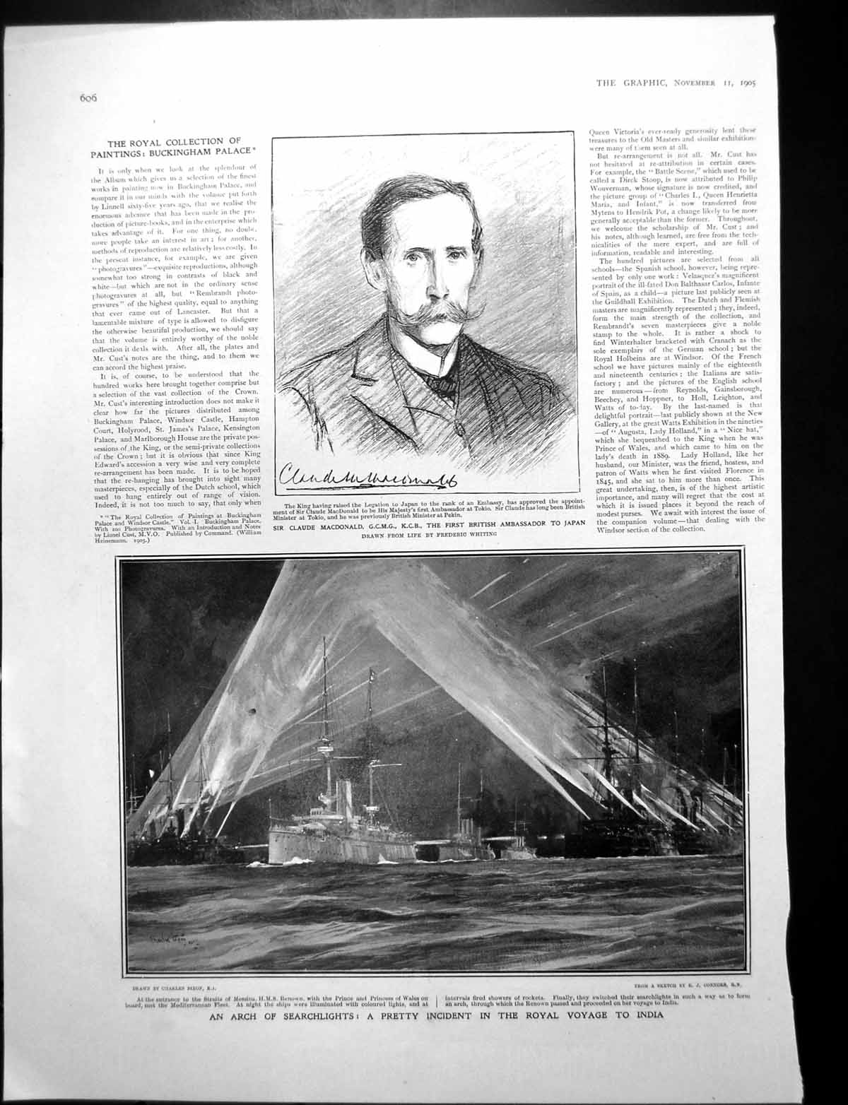 Antique Print Sir Claude Macdonald Arc Searchlights Royal Voyage India 1905