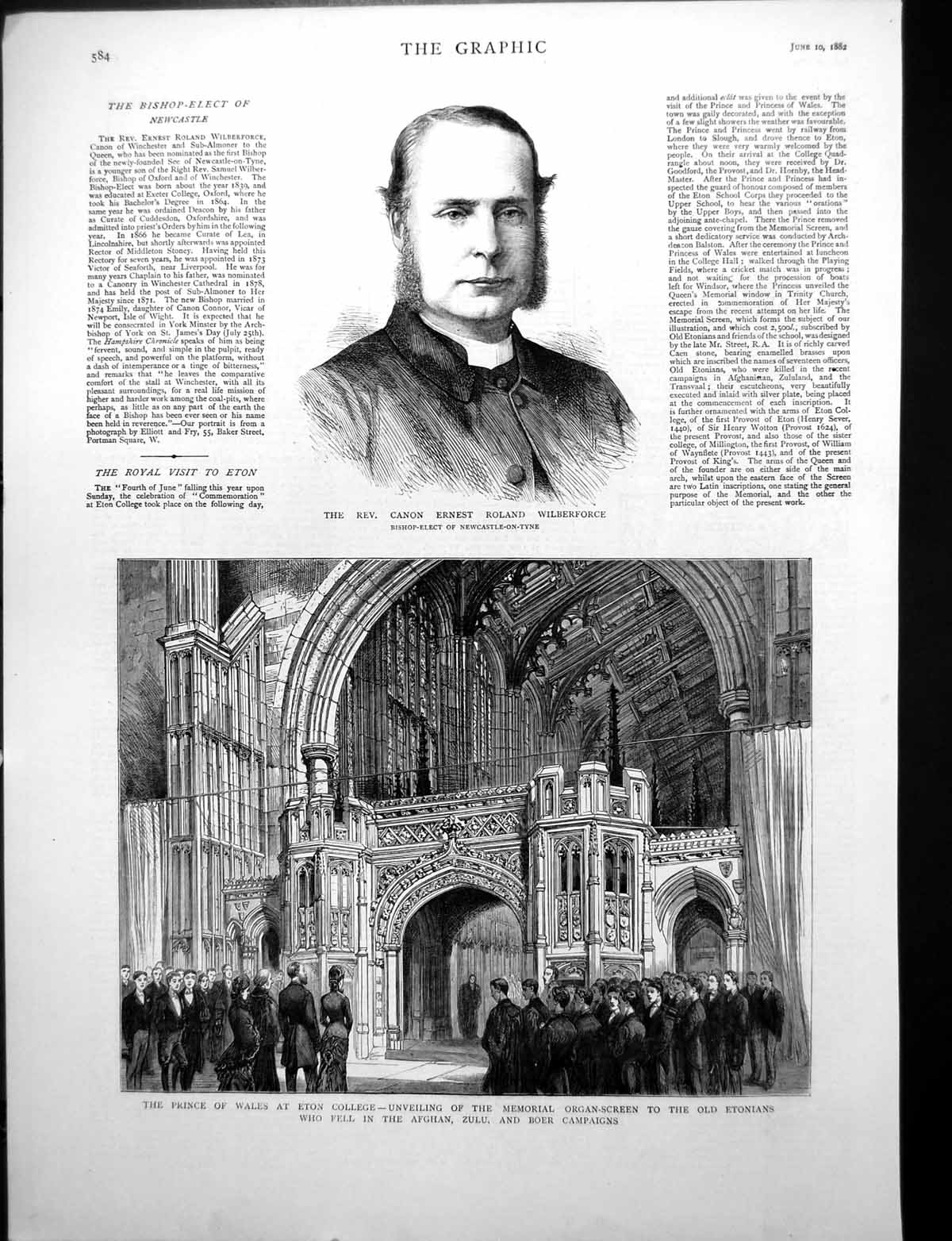 Old Print Prince Wales Eton College Unveiling Memorial Organ Screen 1882 19th
