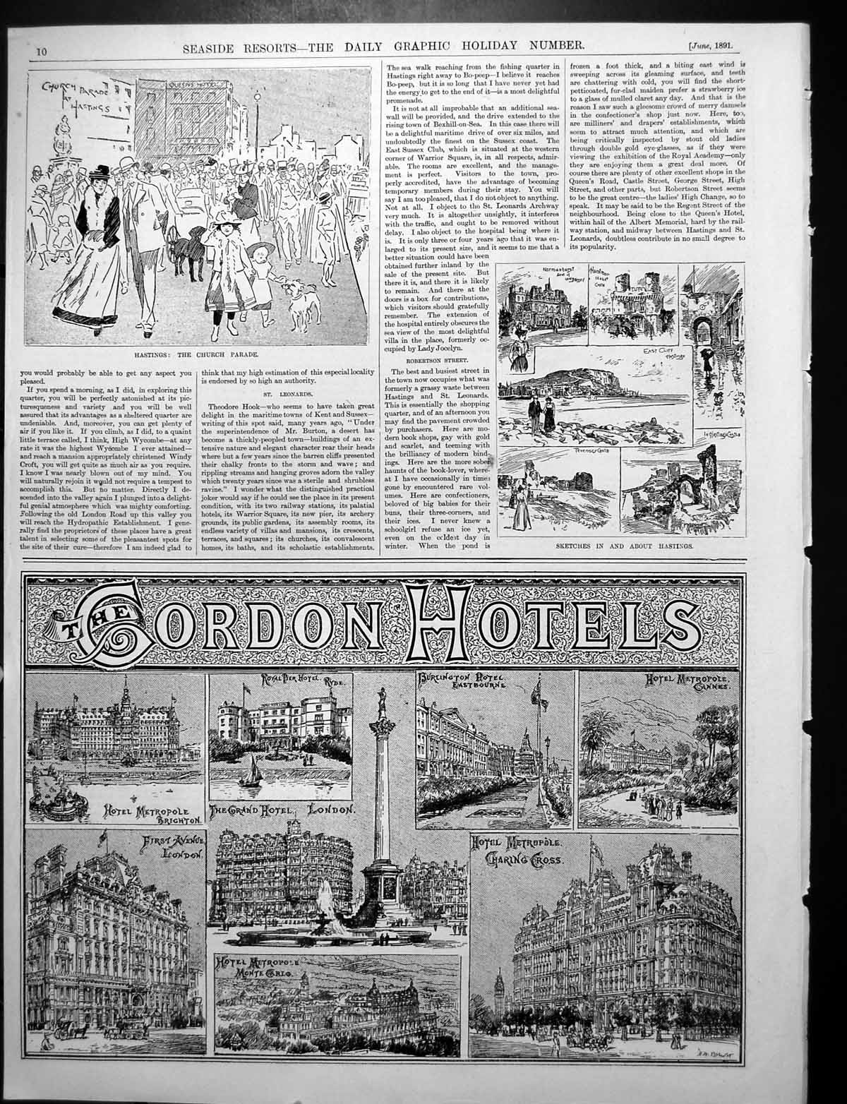Antique Print Hastings Church Parade Seaside Resorts Sketches In Area 1891 19th