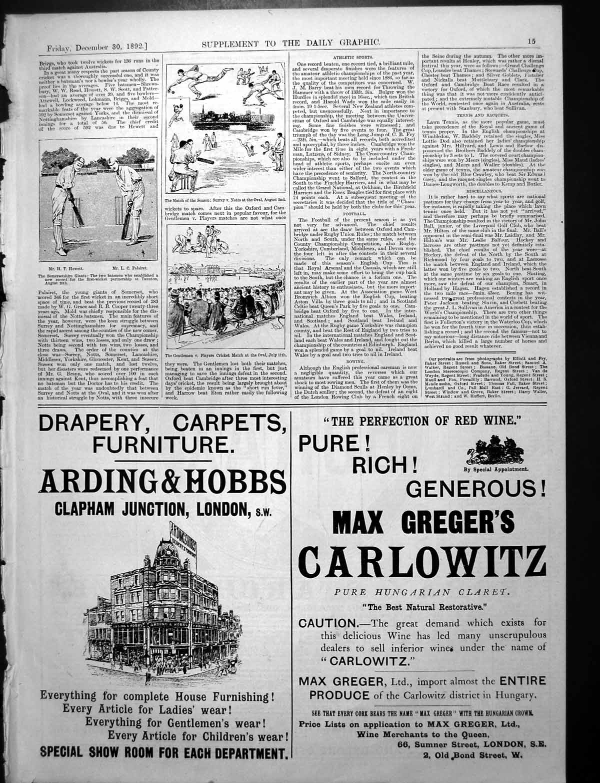 Antique Old Print Hewett Palairet Cricketers Surrey V Notts Match Oval 1892
