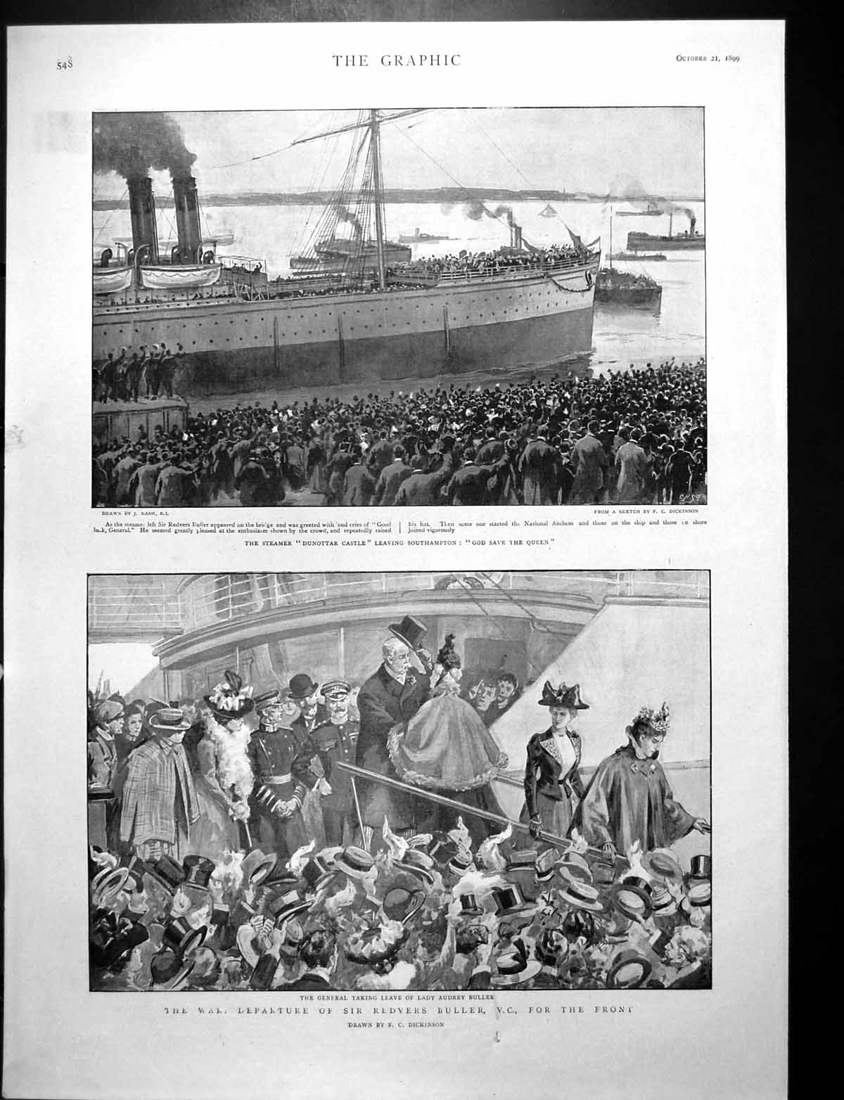 Antique Print Steamer Dunottar Castle Leaving Southampton Sir R Buller 1899