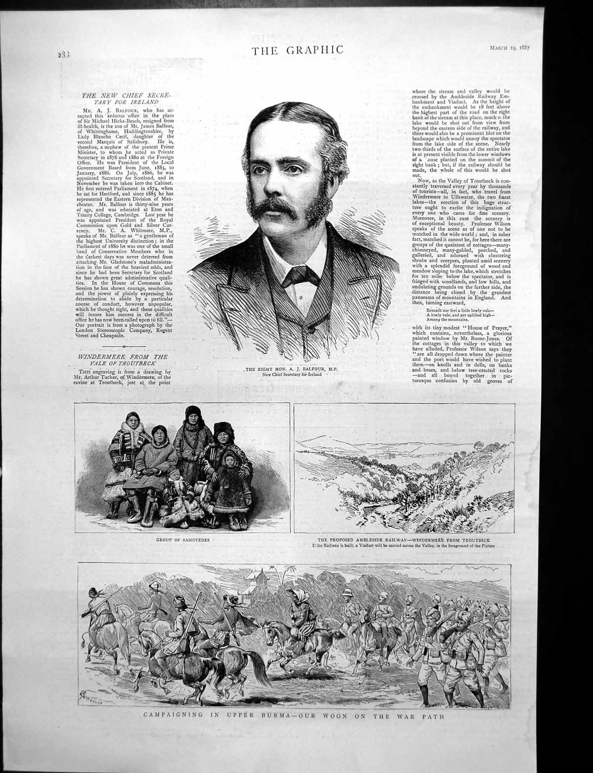 Antique Print Aj Balfour Chief Sec Ireland Proposed Ambleside Railway 1887 19th