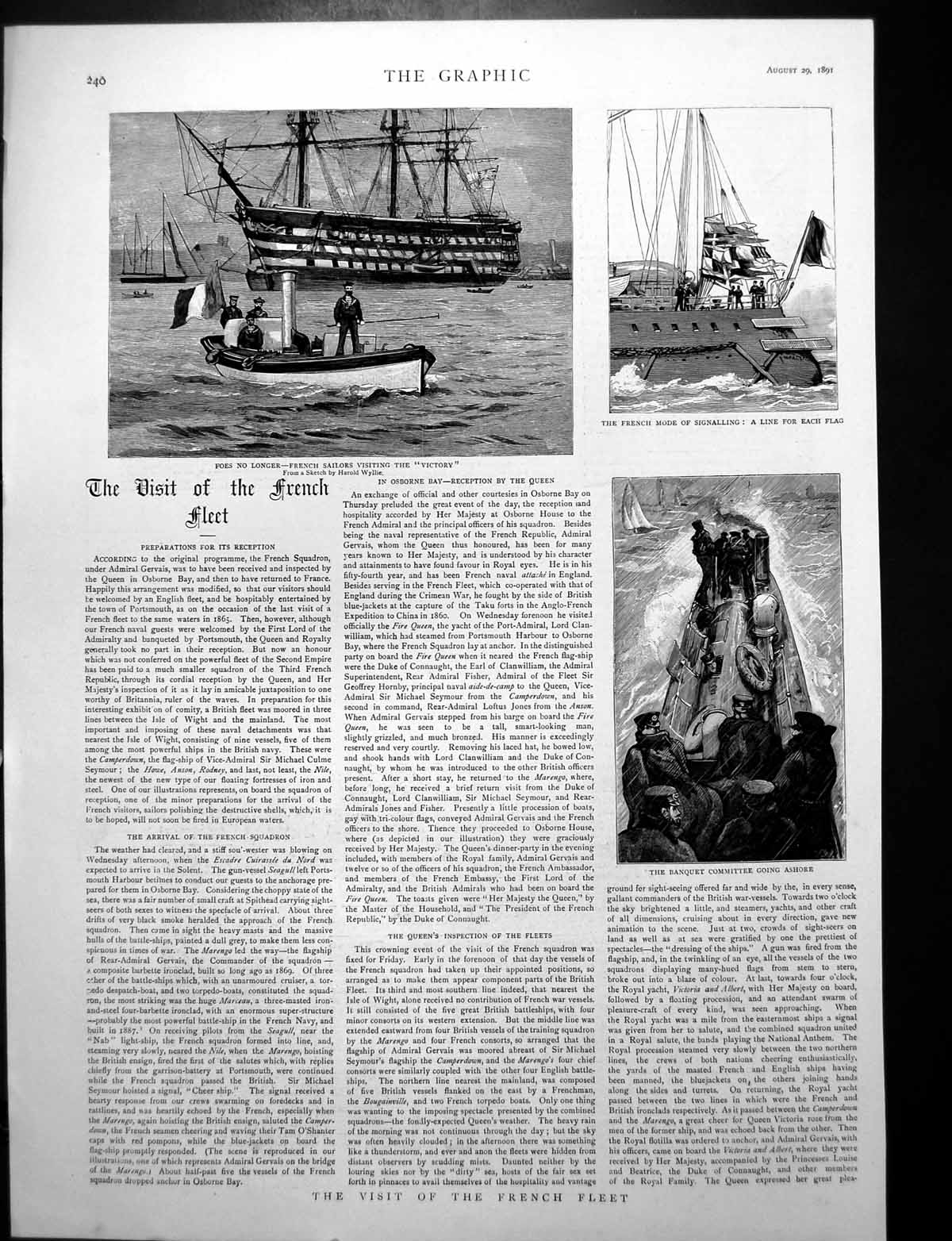 Antique Old Print French Sailors Visit Victory Signalling Lines Flags 1891 19th