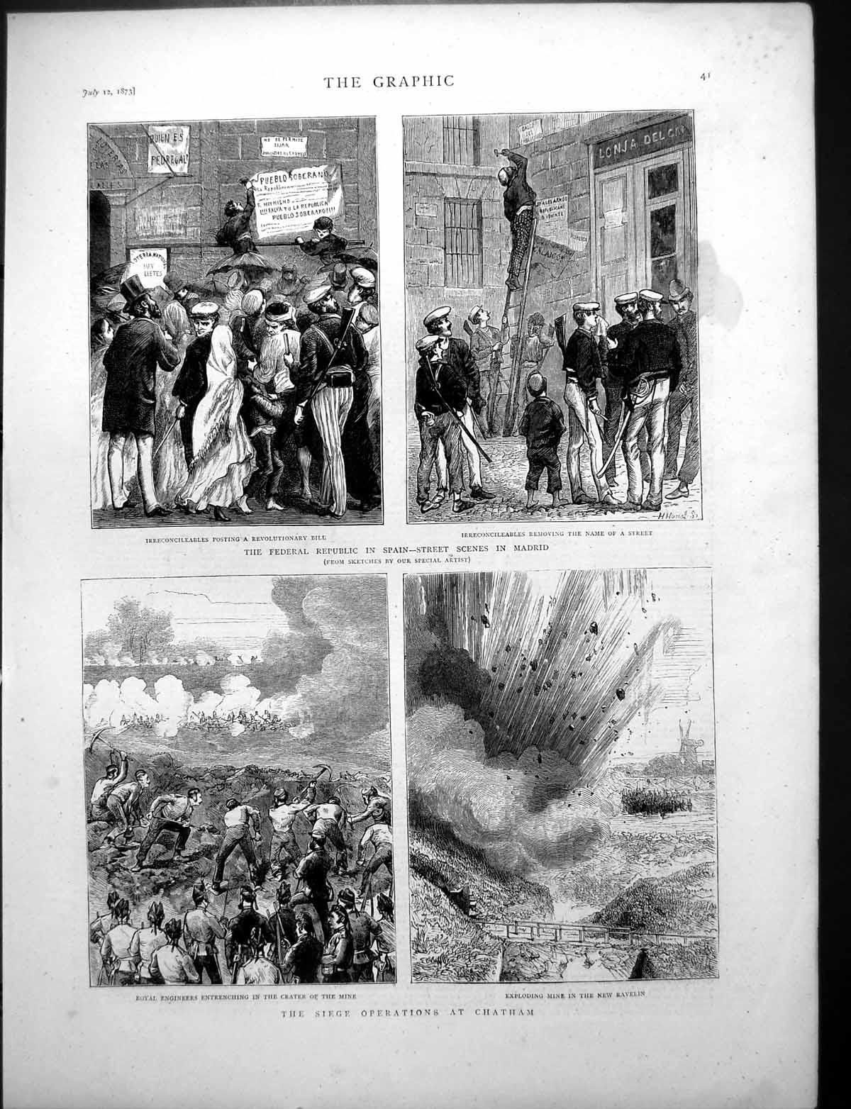 Antique Old Print Federal Republic Spain Scenes Siege Operations Chatham 1873