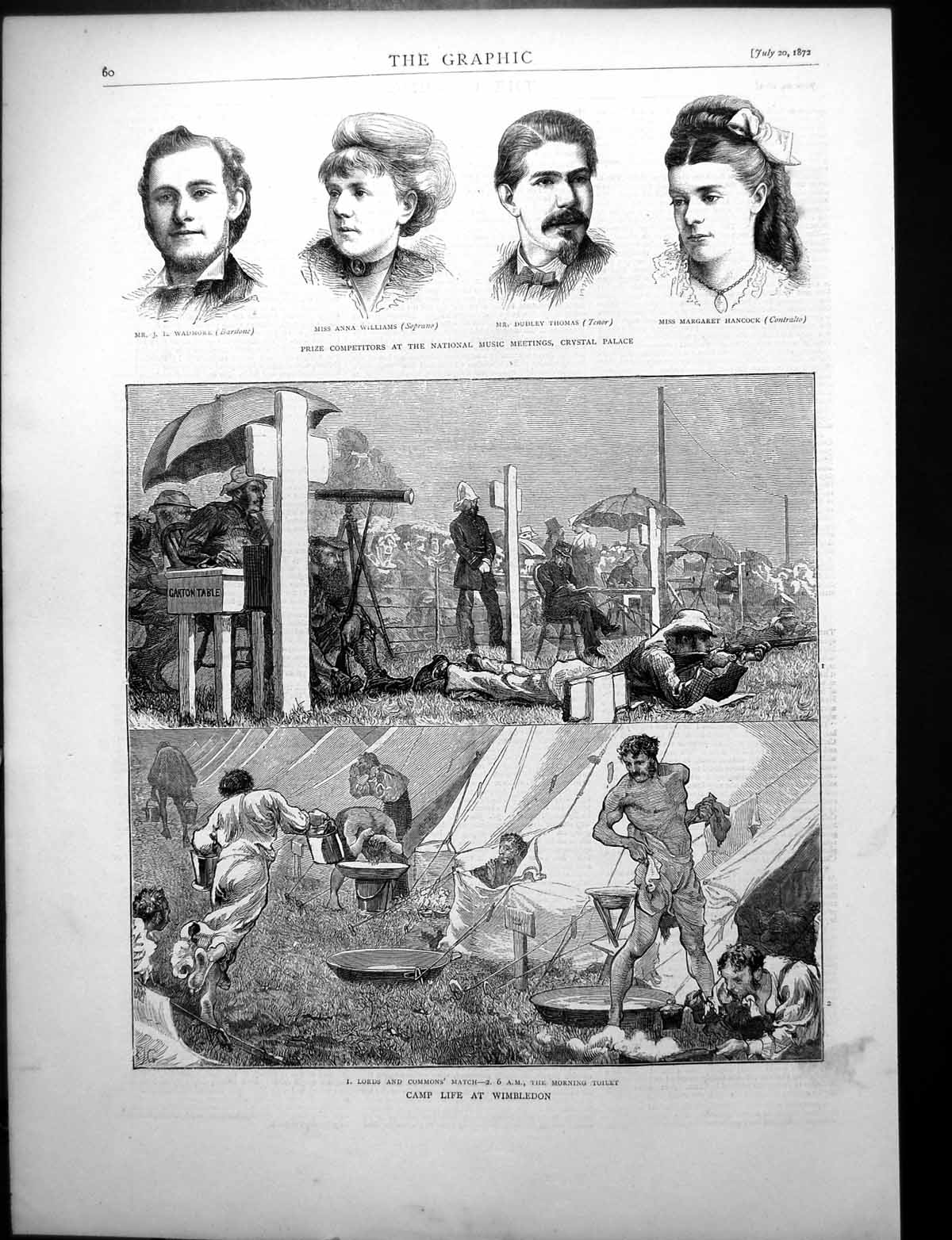 Antique Print Camp Life Siers Wimbledon Music Portraits Crystal Palace 1872