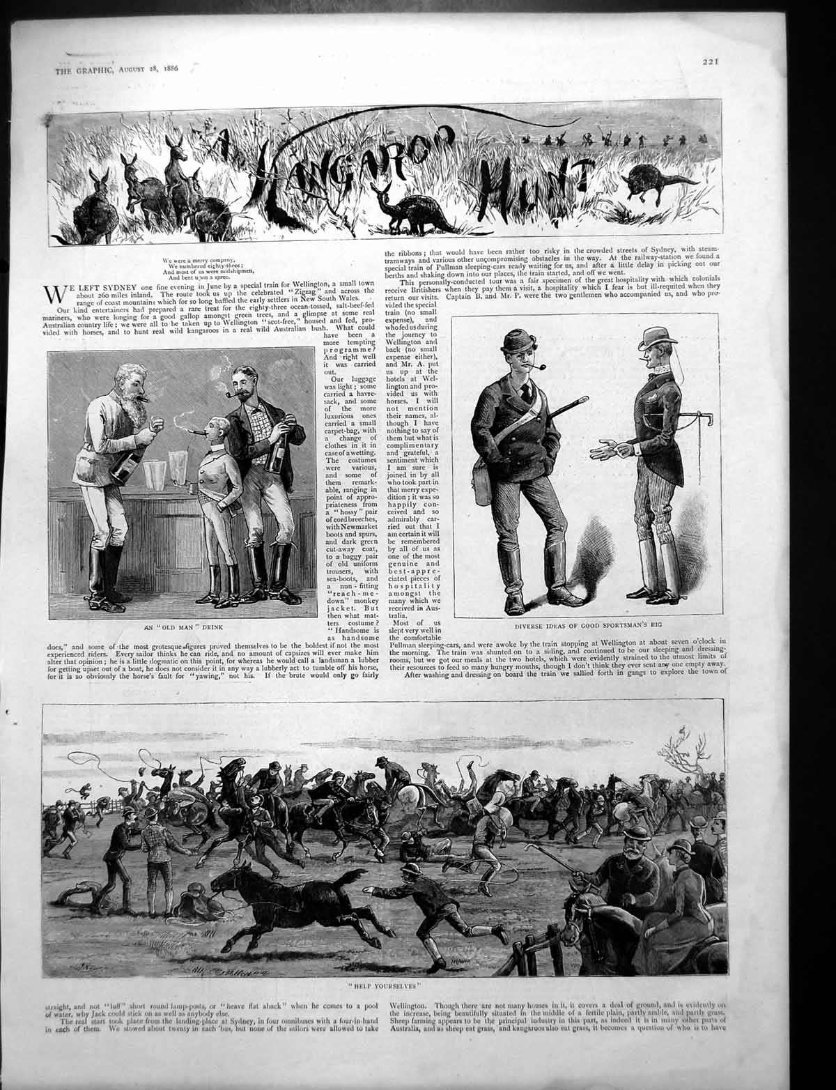 Old Print Kangaroo Hunt Drinks Sportsmen'S Rig Horses Chase Spills 1886 19th