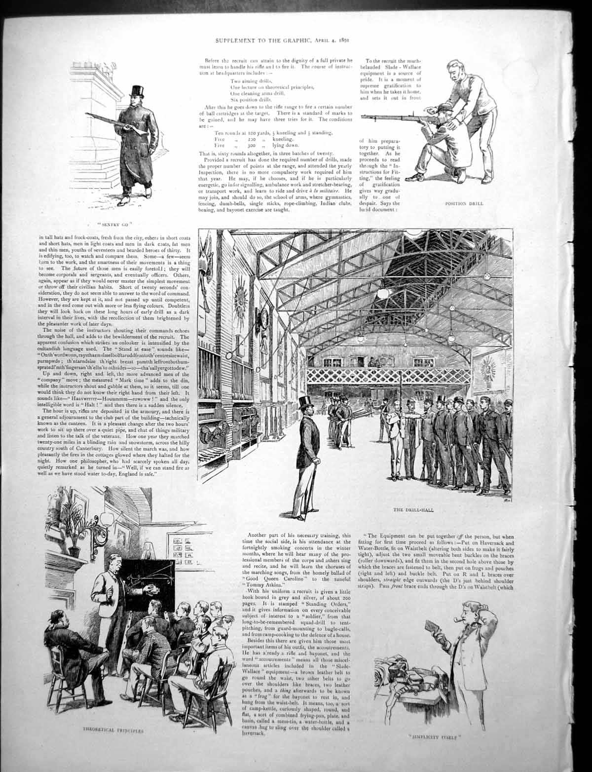 Antique Old Print Drill Hall Theoretical Principles Training Volunteer 1891
